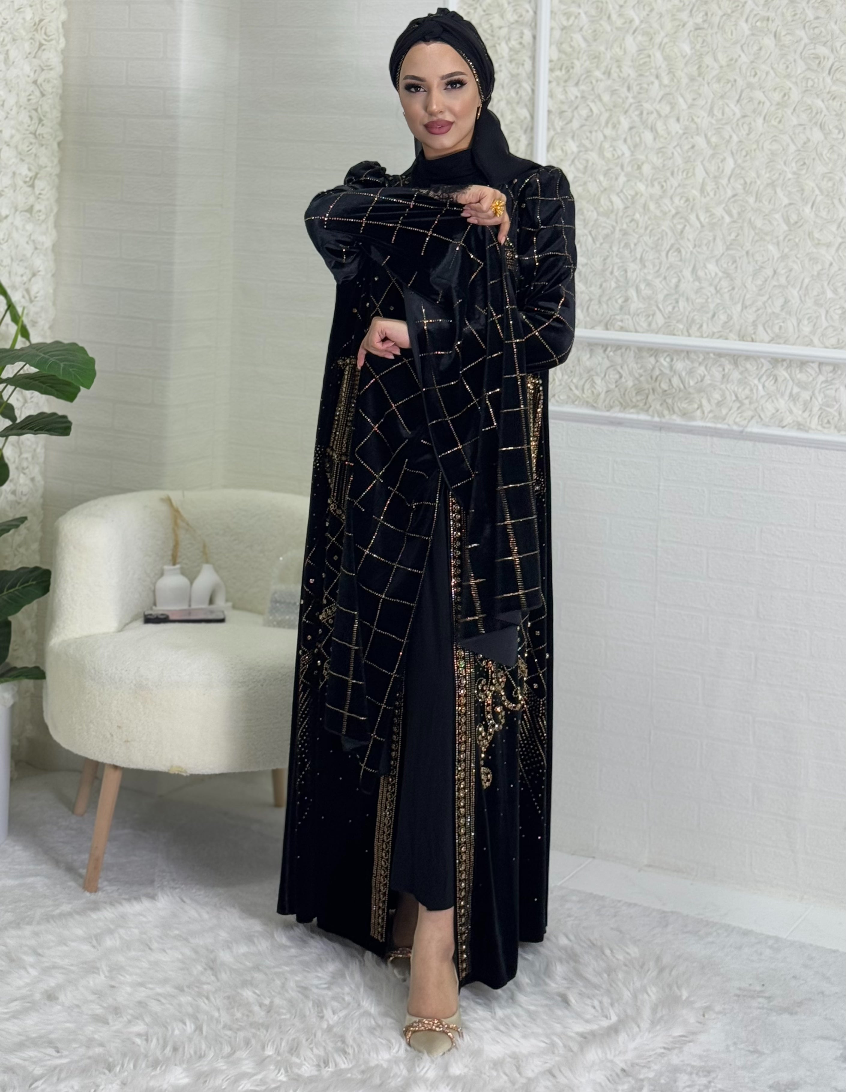 Gold Taş Desenli Şık ŞİFON  Abaya