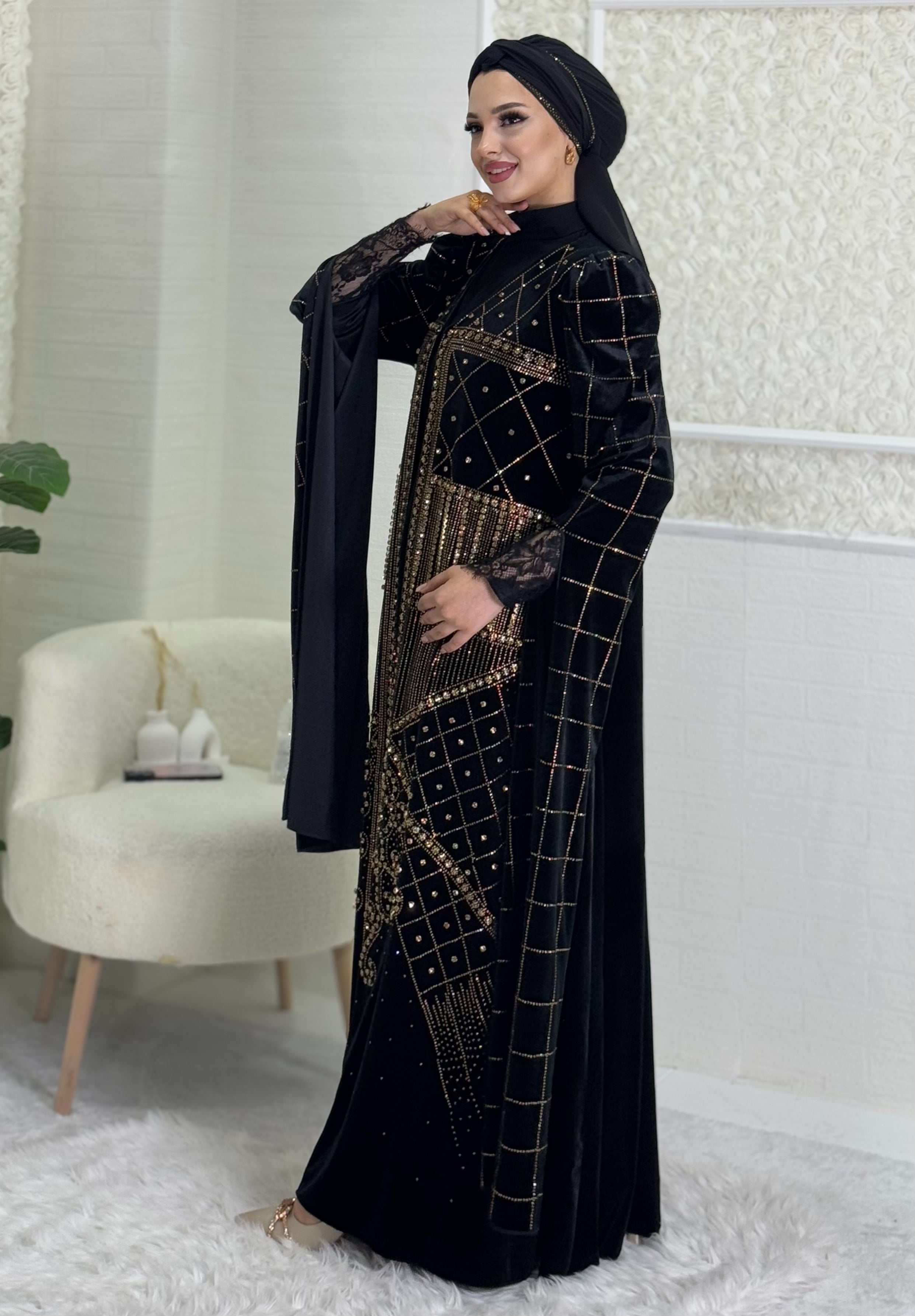 Gold Taş Desenli Şık ŞİFON  Abaya