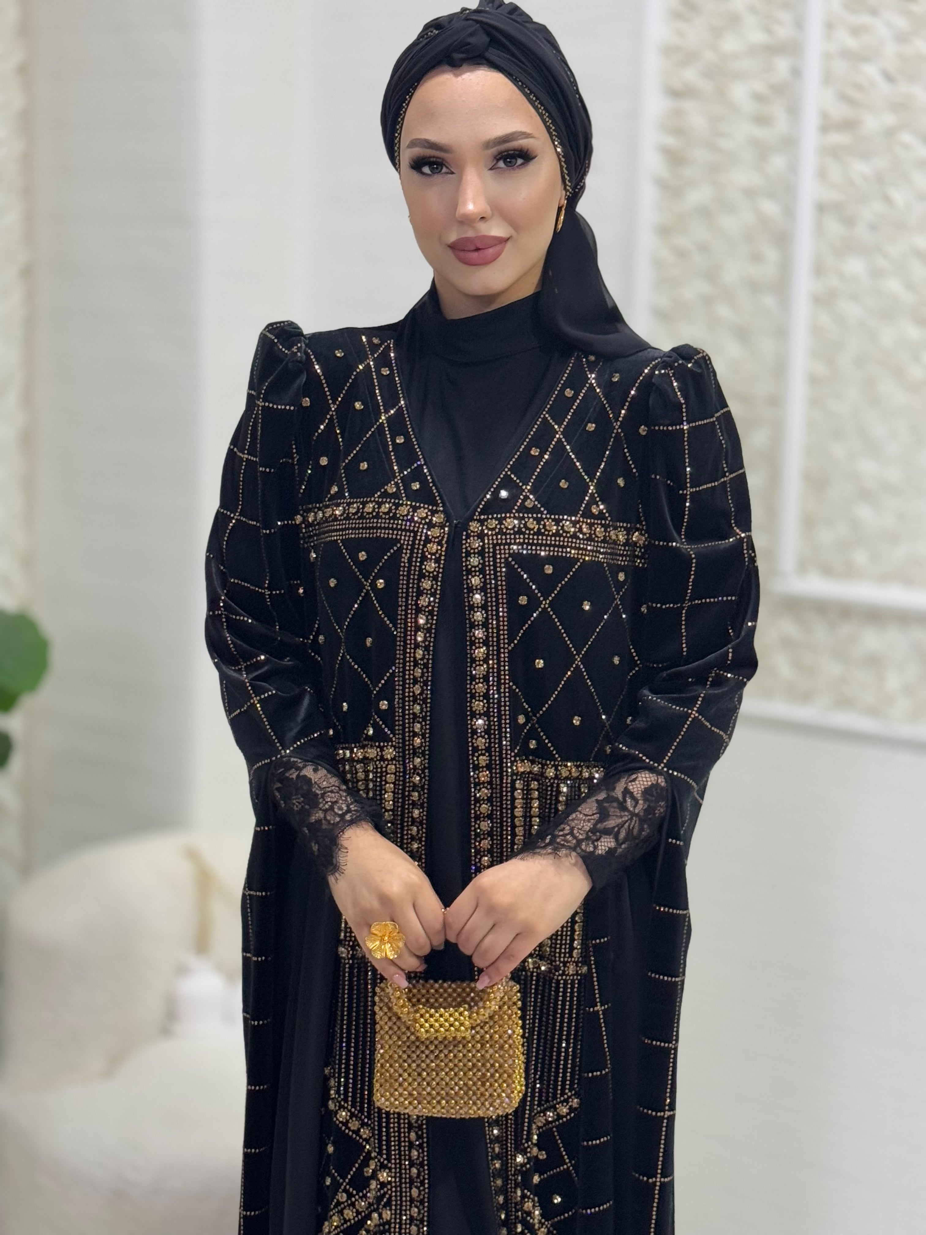 Gold Taş Desenli Şık ŞİFON  Abaya