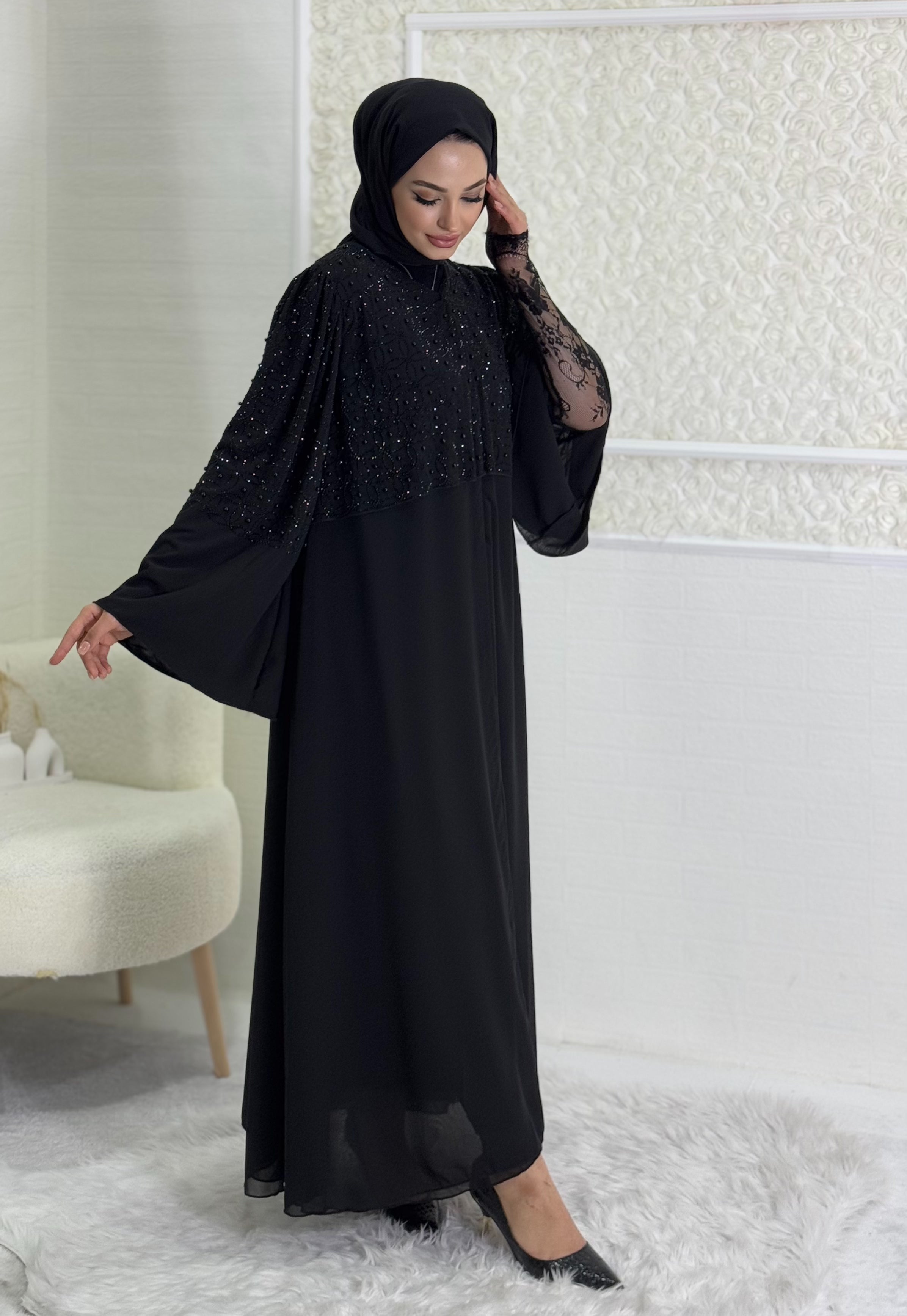 Black Abaya with Stones and Pearls on the Upper Part