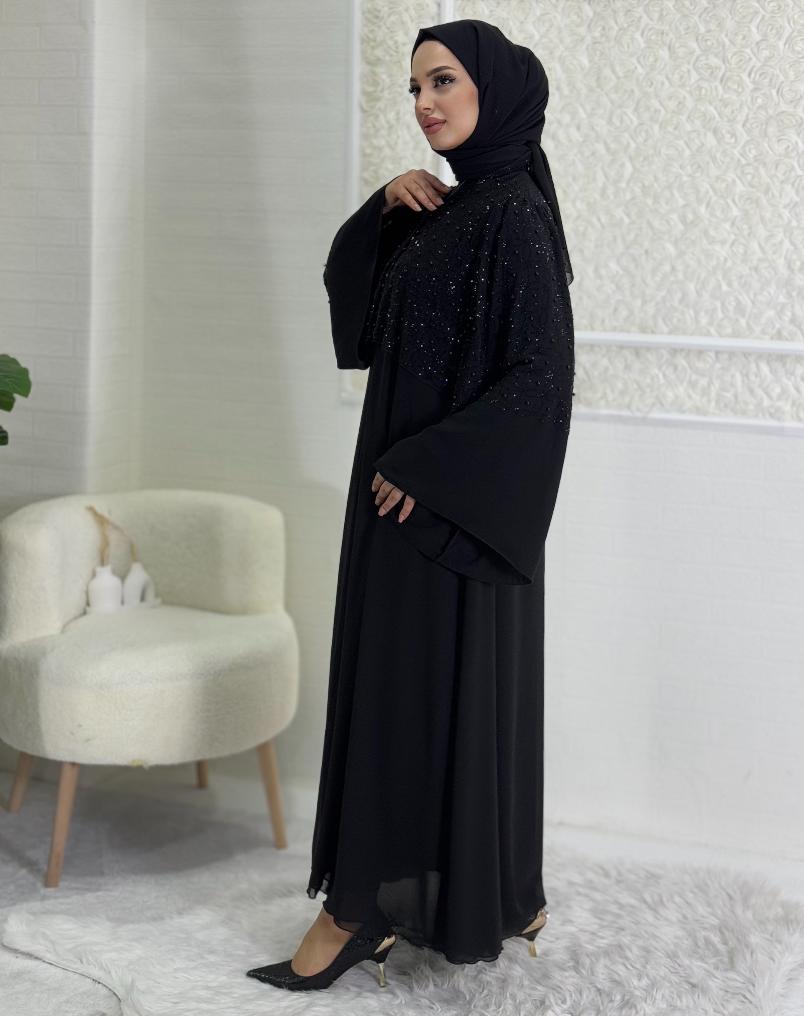 Black Abaya with Stones and Pearls on the Upper Part