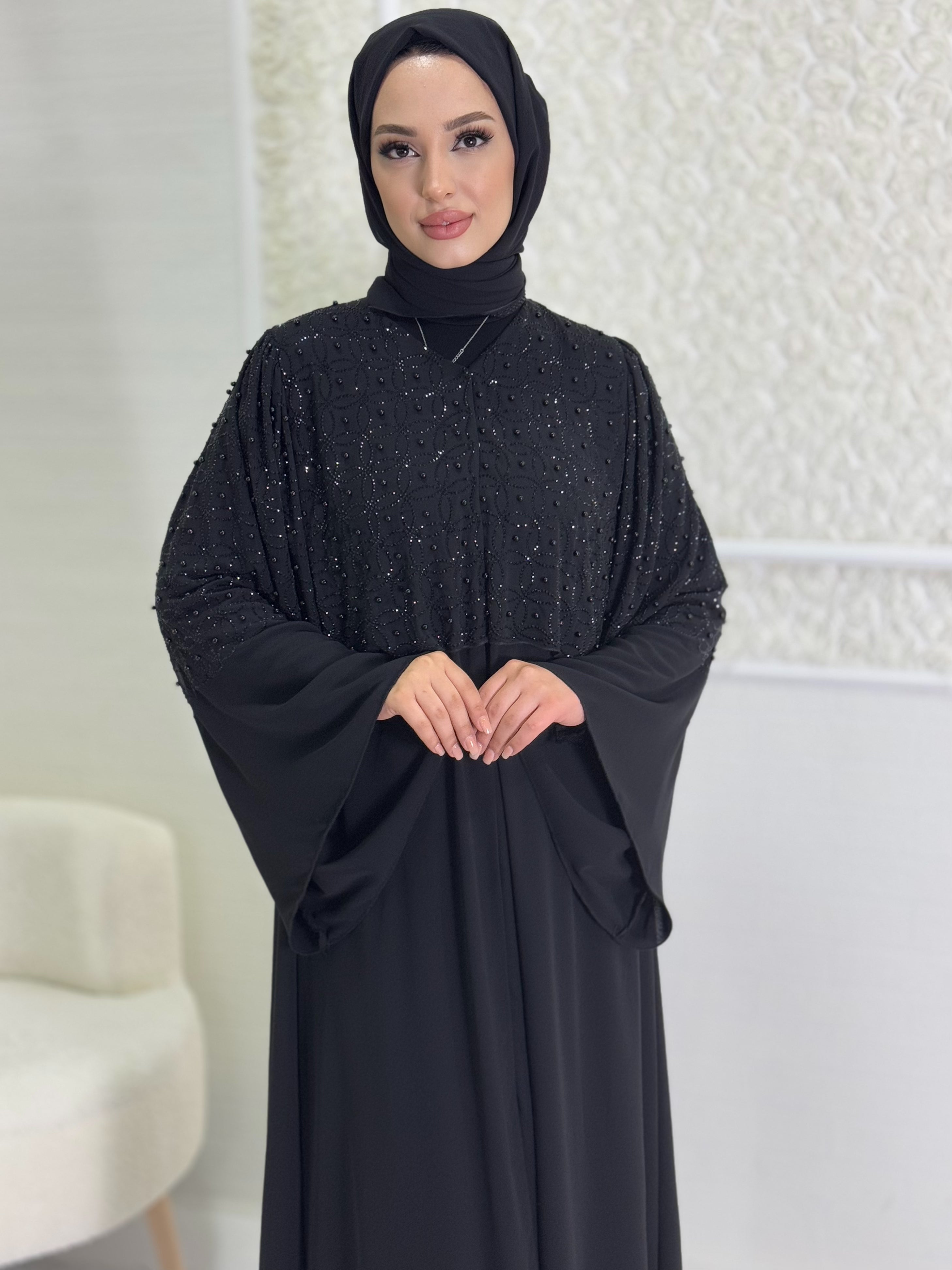 Black Abaya with Stones and Pearls on the Upper Part