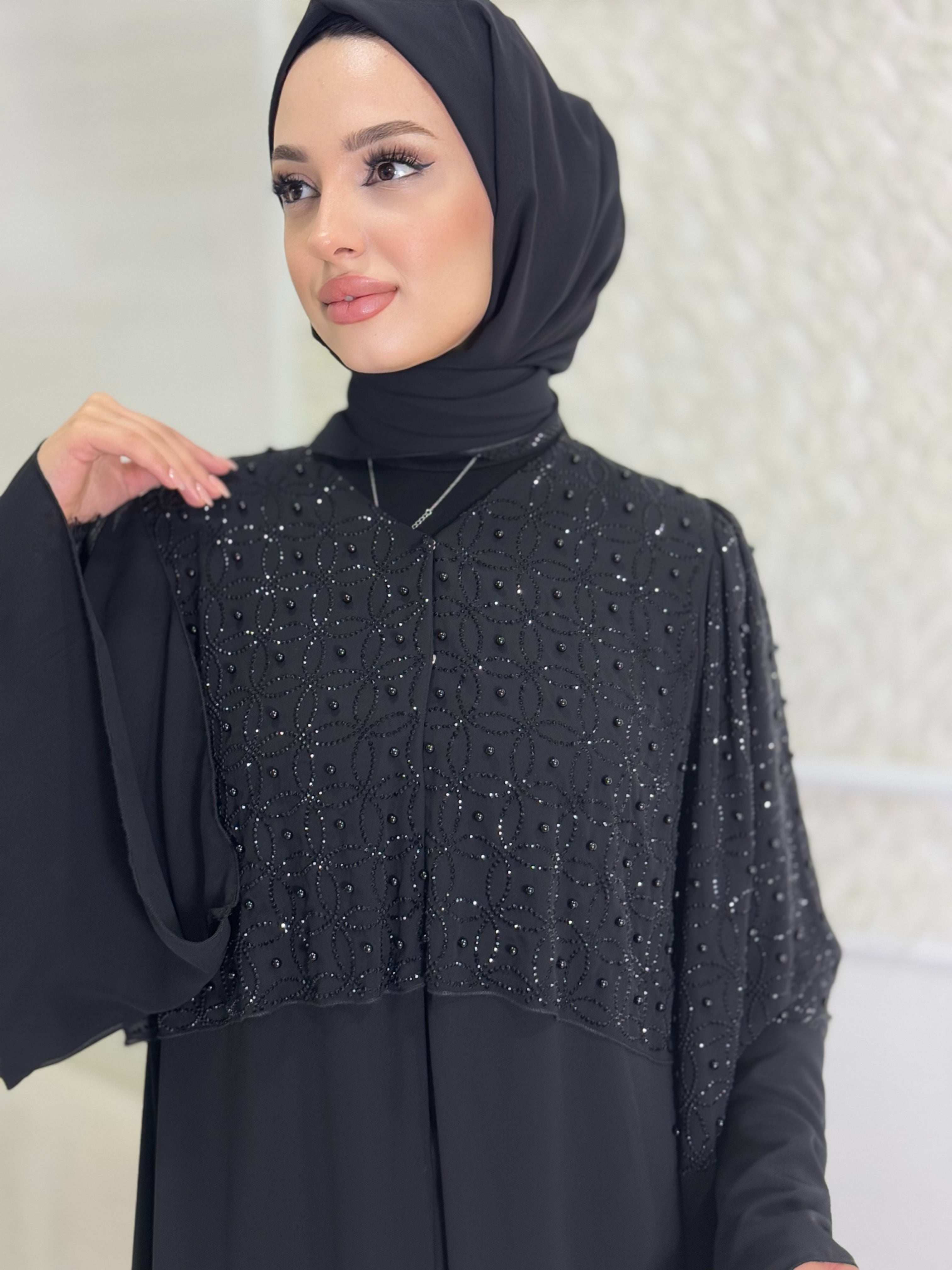 Black Abaya with Stones and Pearls on the Upper Part