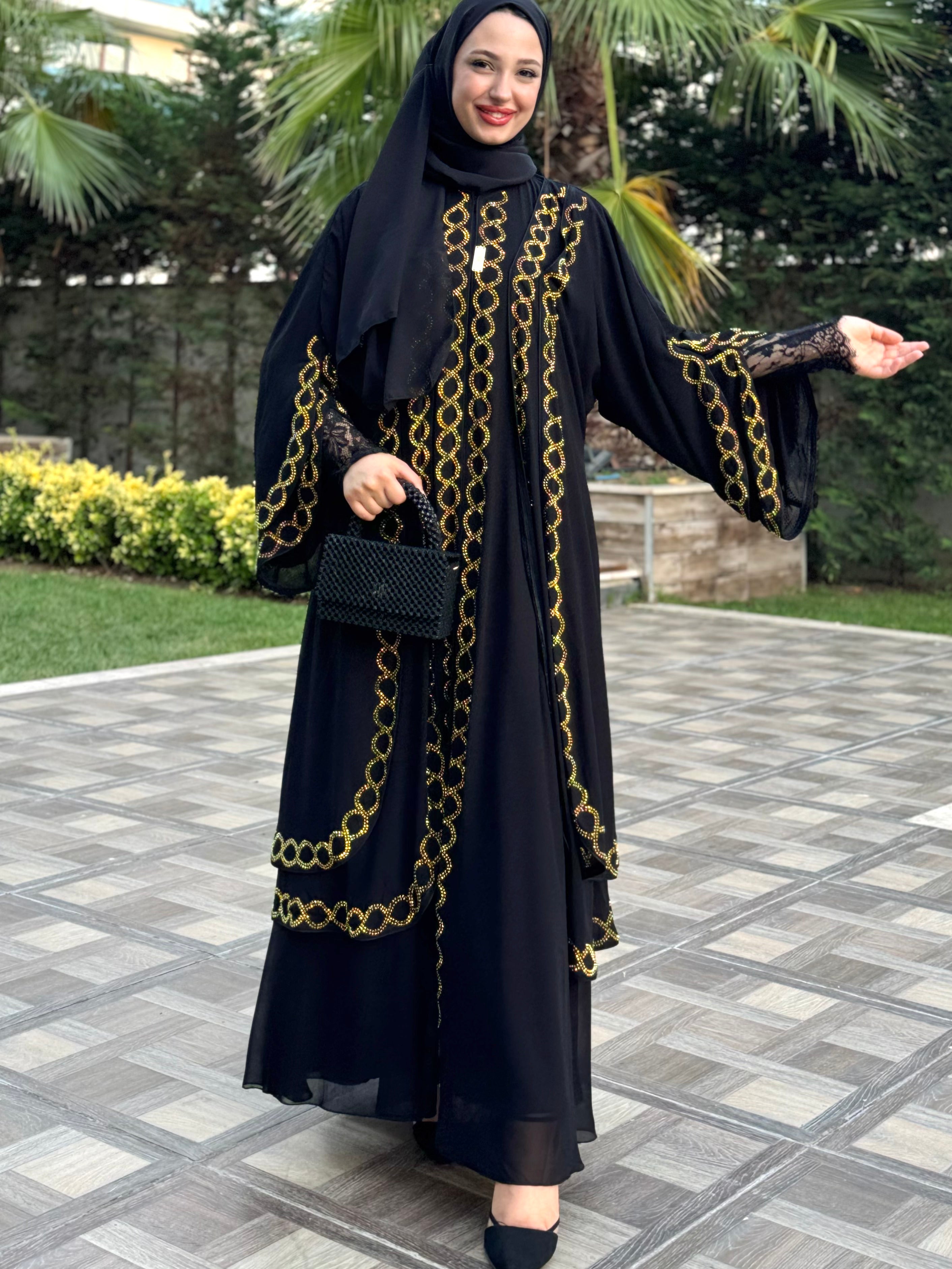 Önü Çift Katlı Gold Taşlı Siyah Abaya