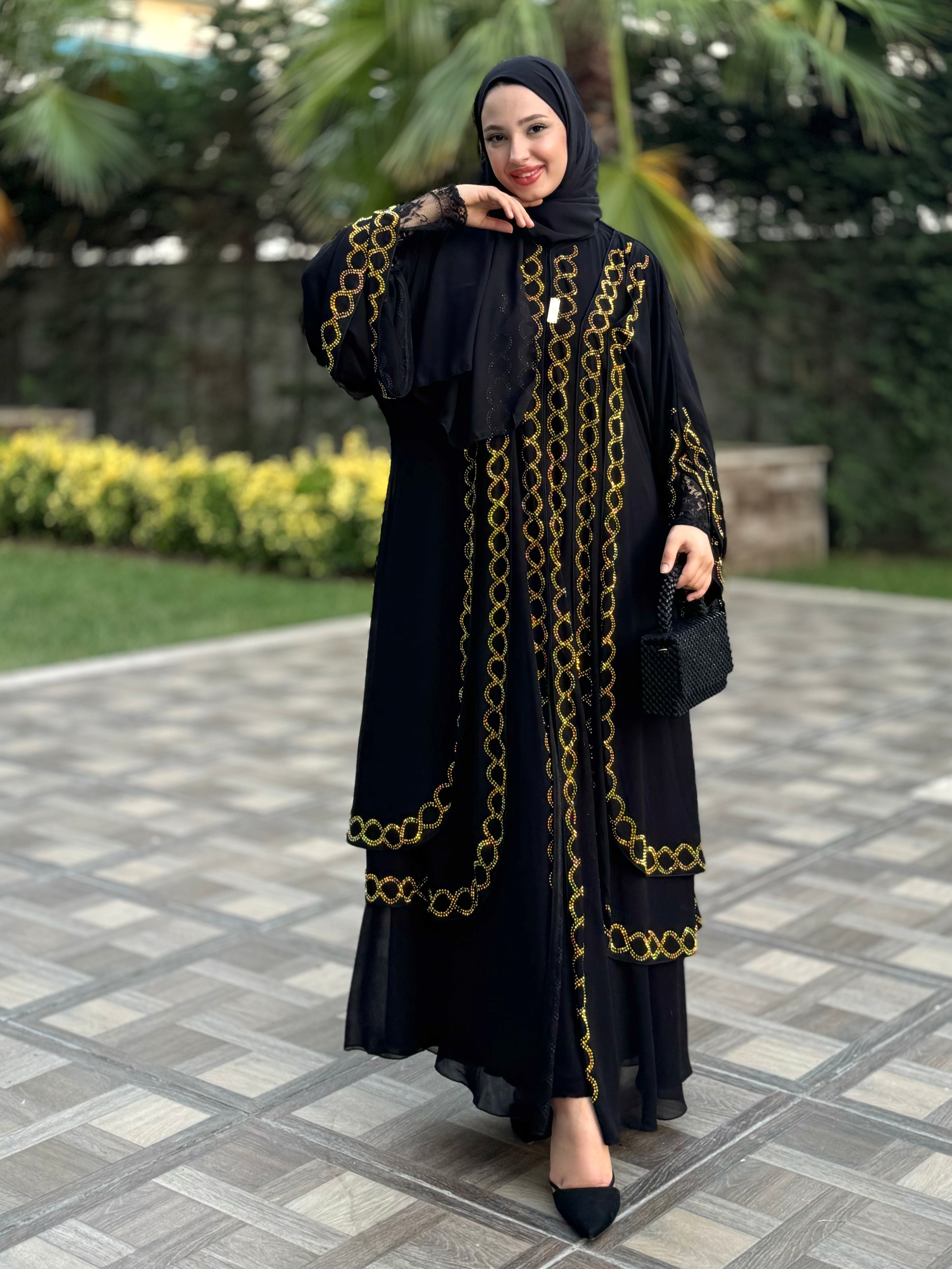 Önü Çift Katlı Gold Taşlı Siyah Abaya