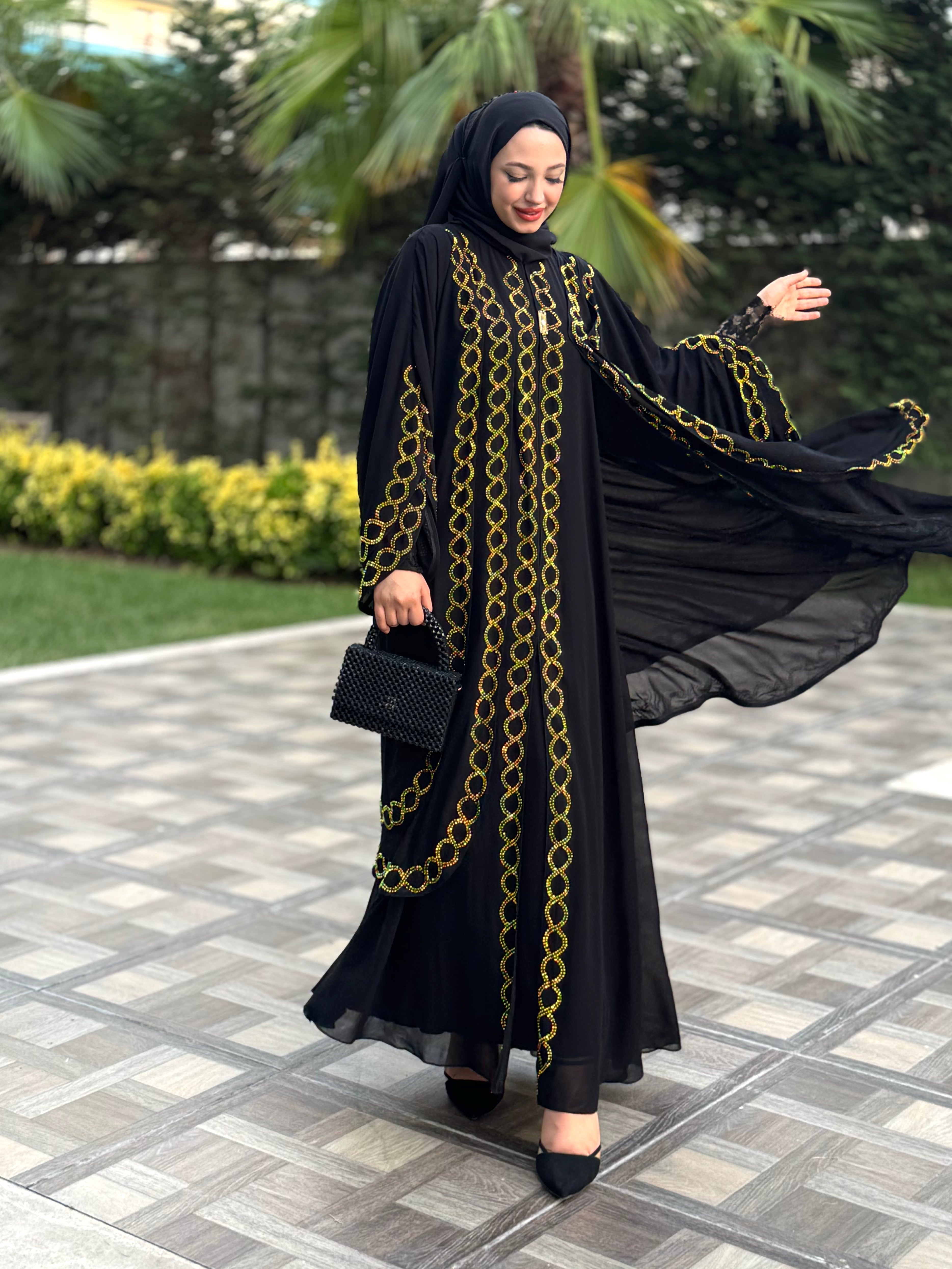 Front Double Layer Gold Stone Black Abaya