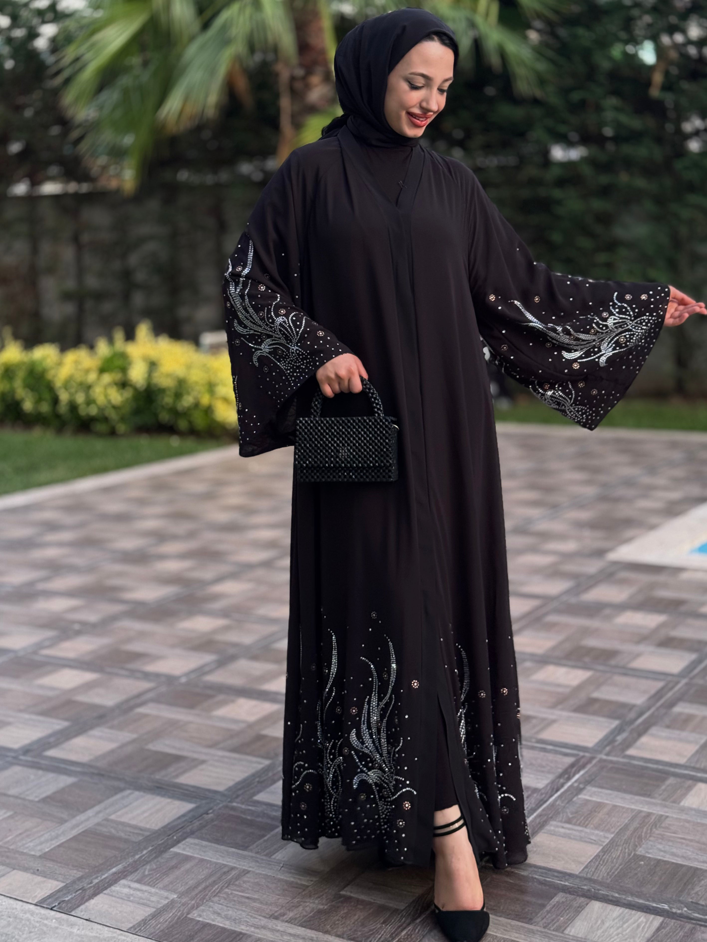 Stylish Abaya with Swarovski Pattern on Skirt Ends