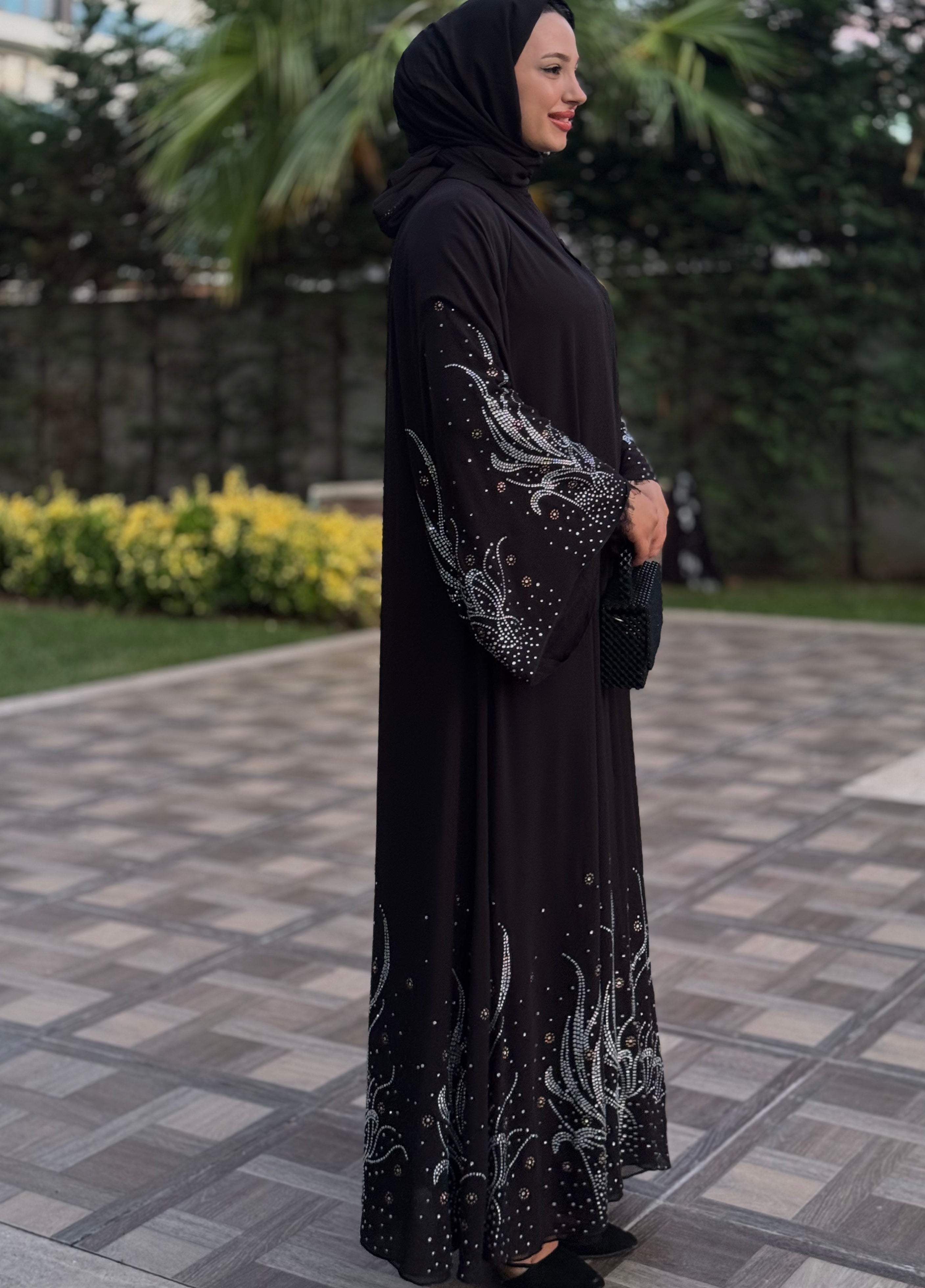 Stylish Abaya with Swarovski Pattern on Skirt Ends