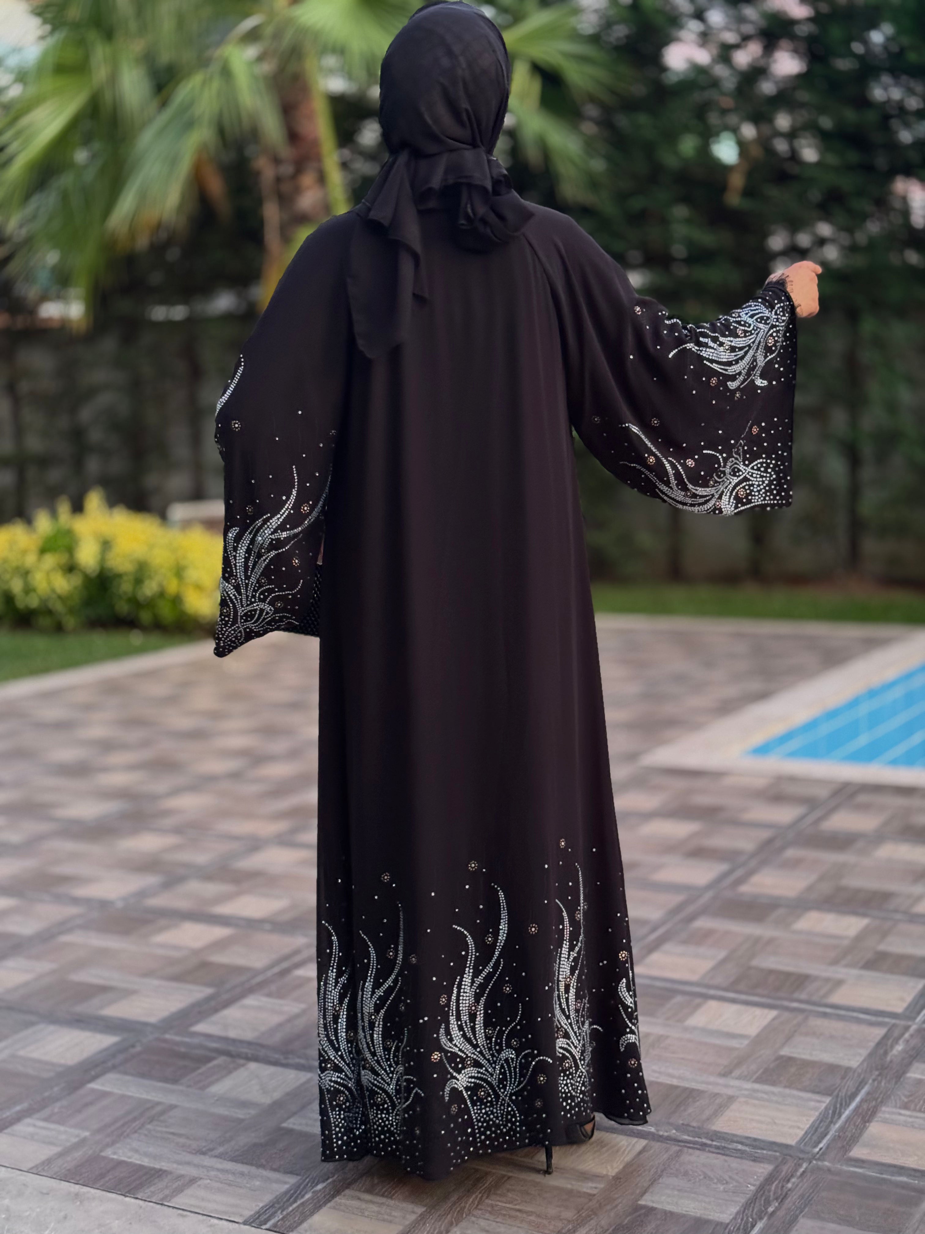 Stylish Abaya with Swarovski Pattern on Skirt Ends