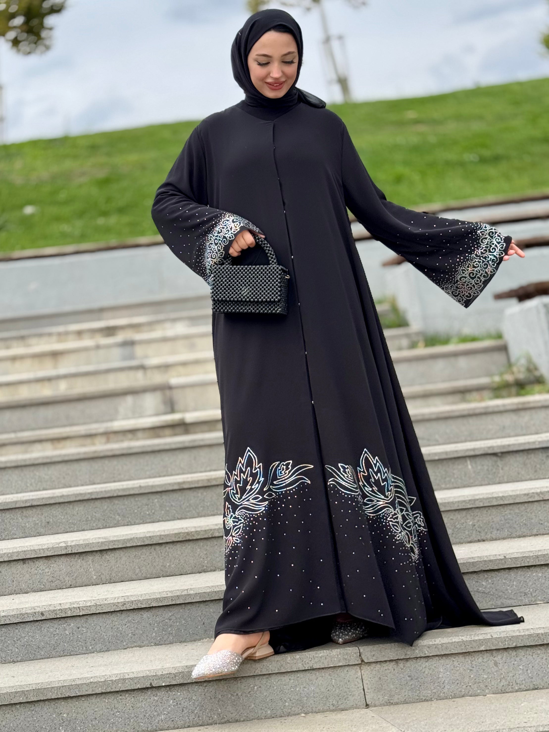 Black Abaya with Swarovski Flower Pattern on Skirt Ends