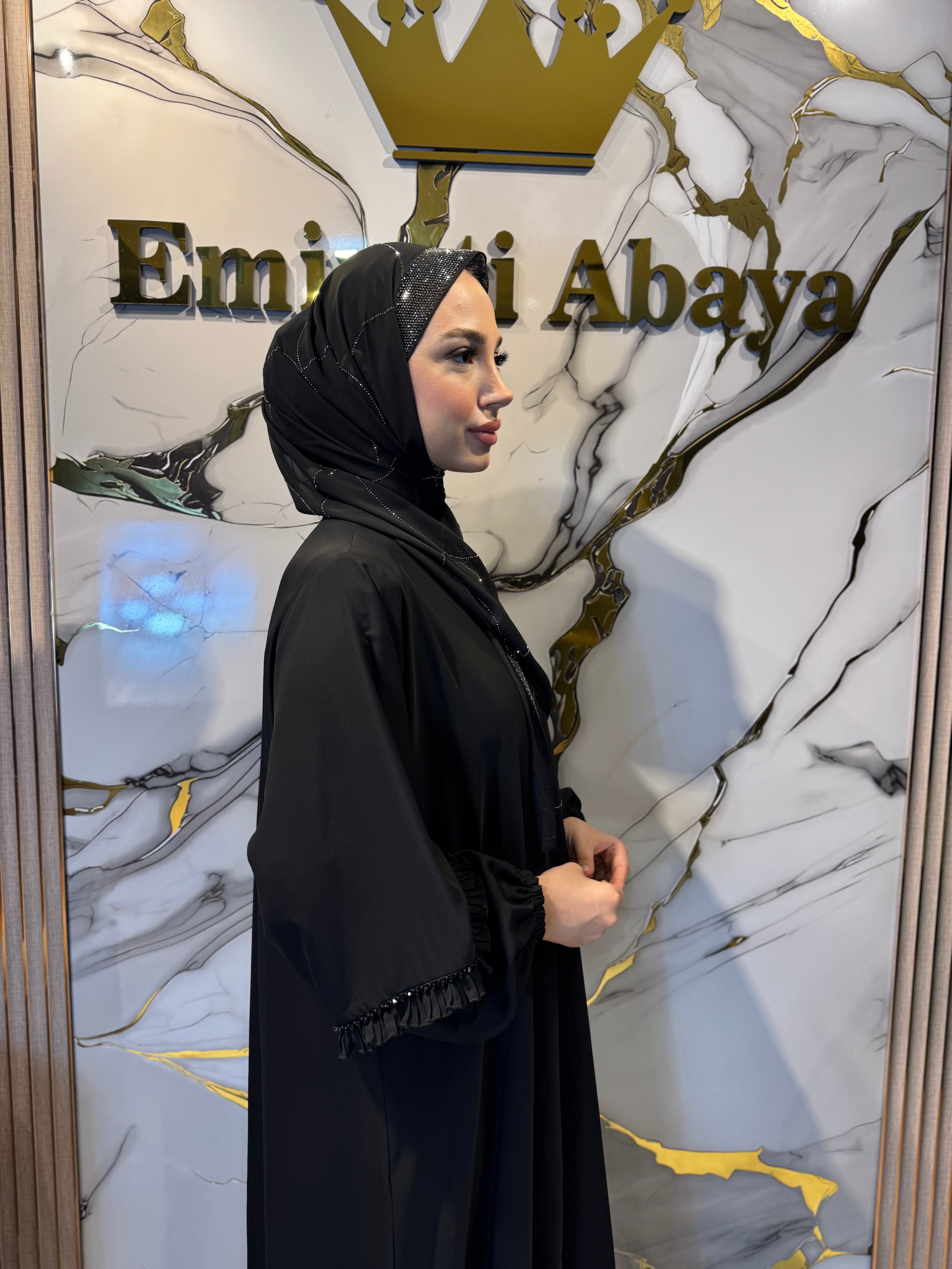 Hematit Akış Desenli Siyah Şifon Şal