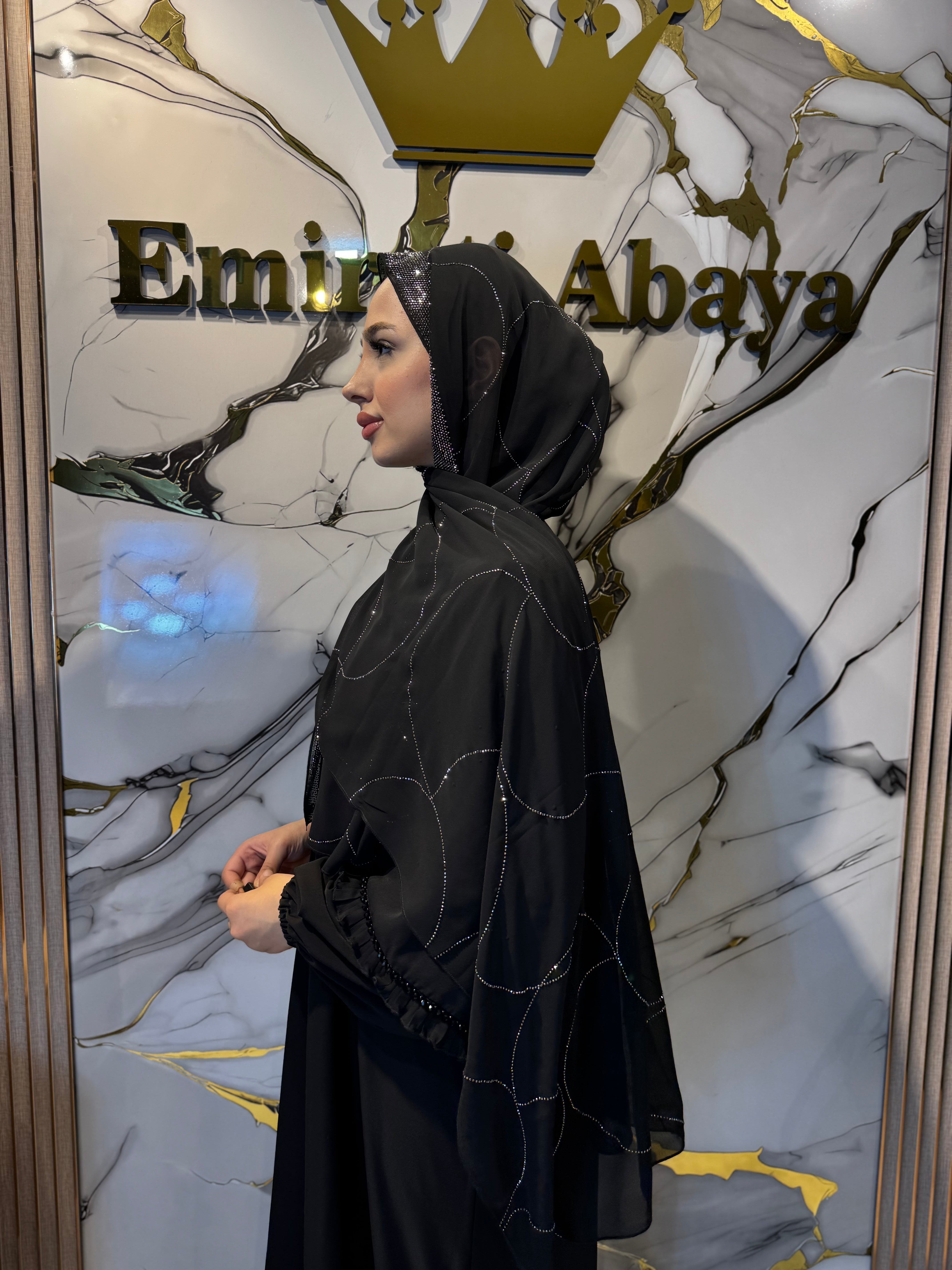 Hematit Akış Desenli Siyah Şifon Şal