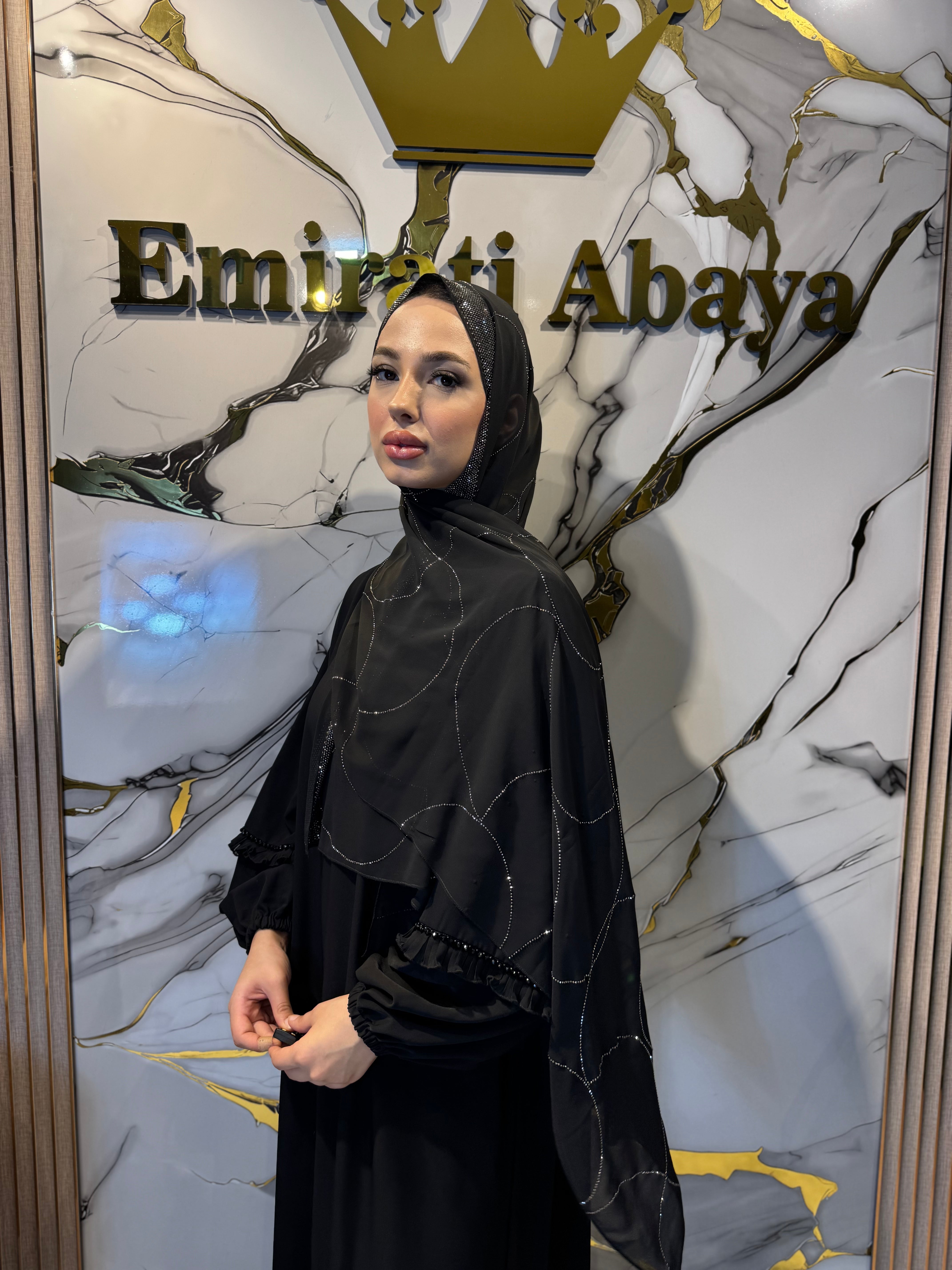 Hematit Akış Desenli Siyah Şifon Şal