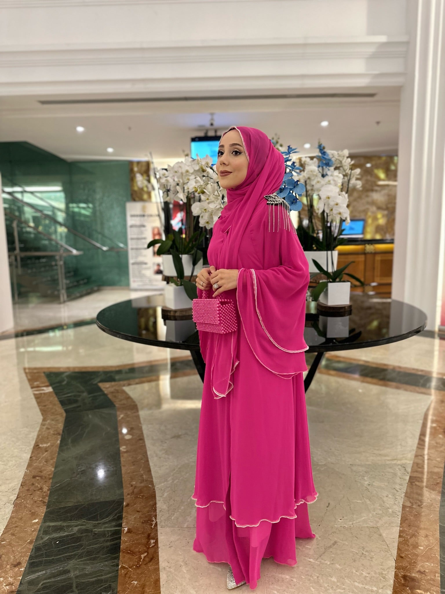 Ethereal Elegance: Two-Layer Pink Chiffon Abaya
