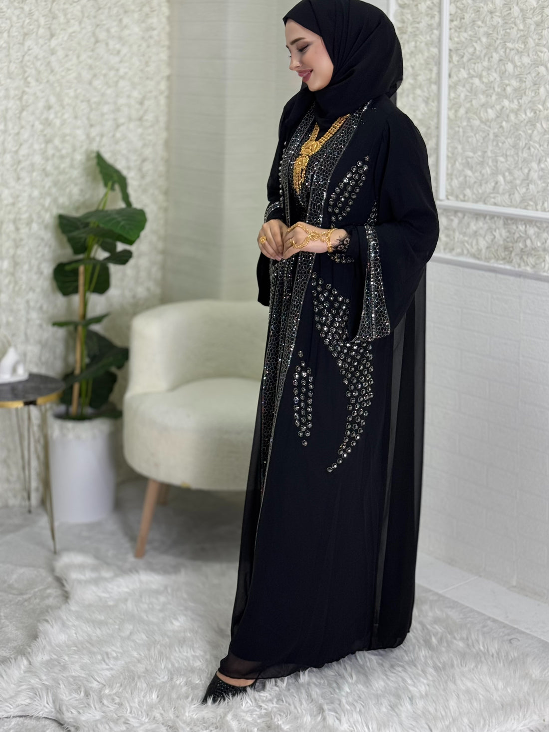 Open Front Crystal Stone Local Abaya