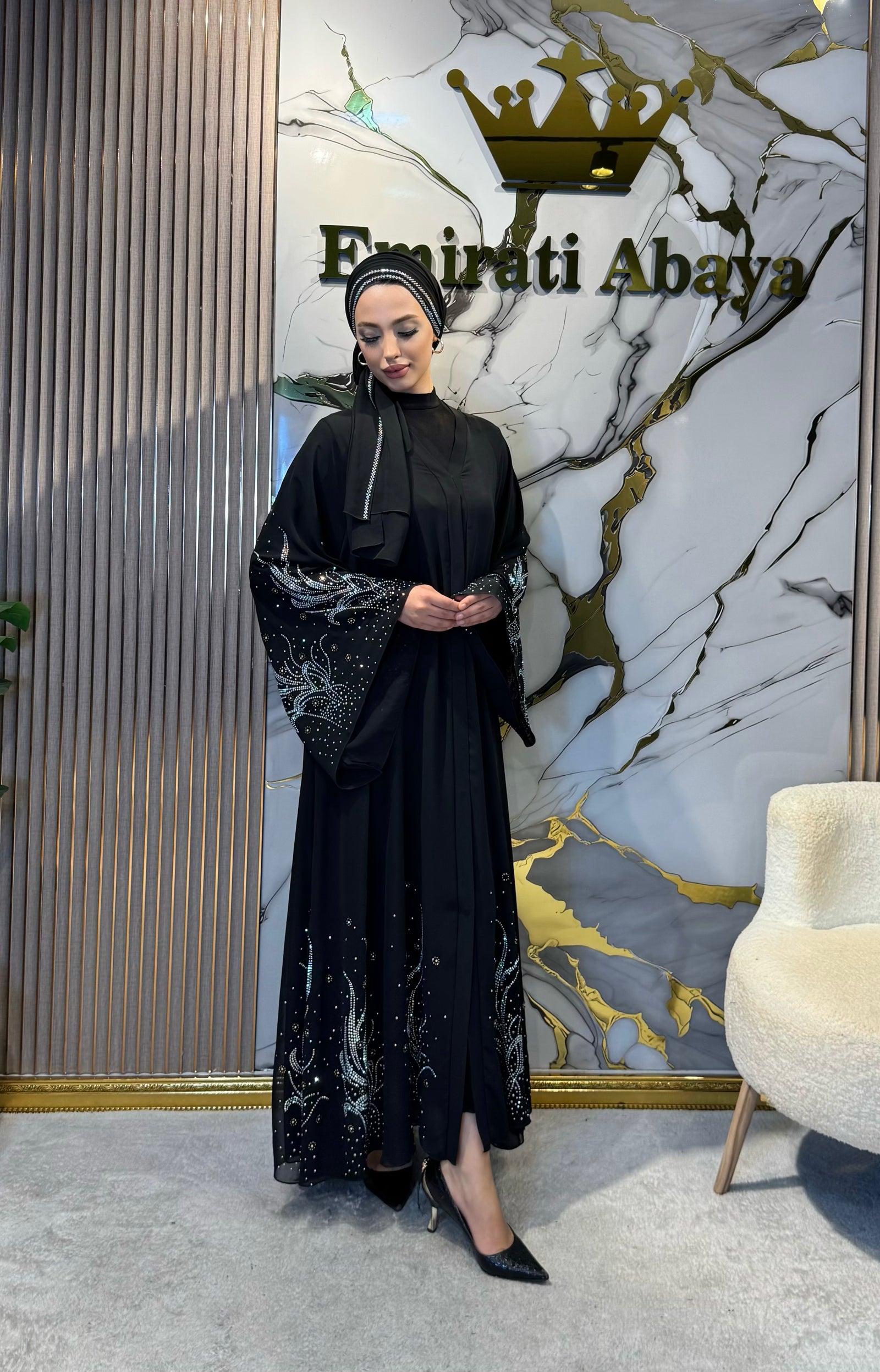 Elegant Abaya with Swarovski Patterned Hem - Refined Modern Model TM075 WSB
