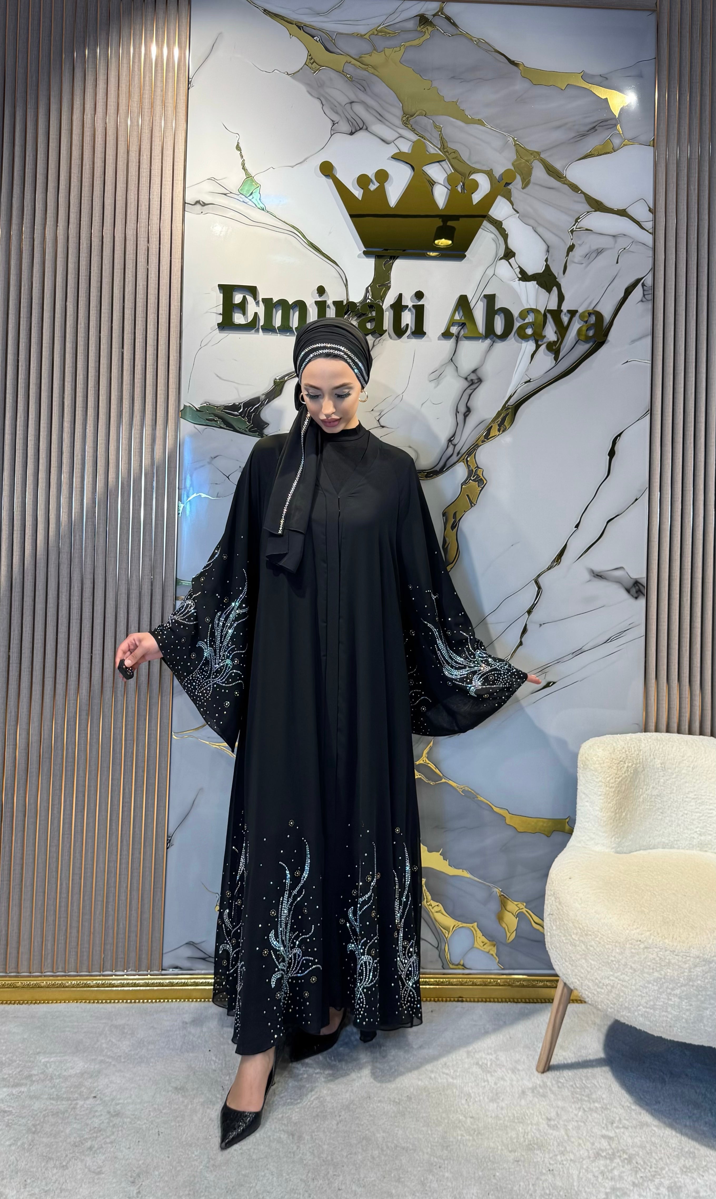 Etek Uçları Swarovski Desenli Şık Abaya
