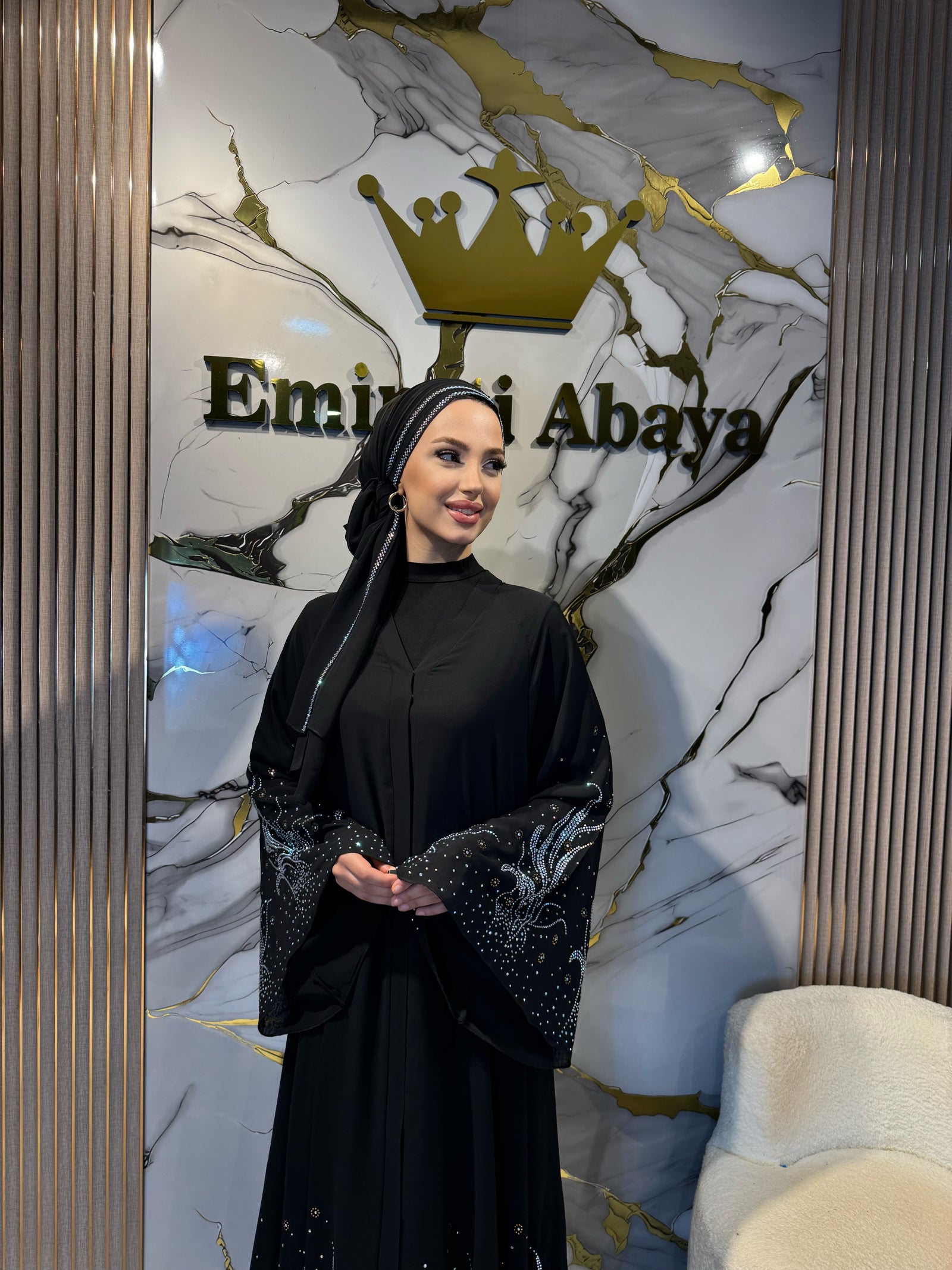Elegant Abaya with Swarovski Patterned Hem - Refined Modern Model TM075 WSB