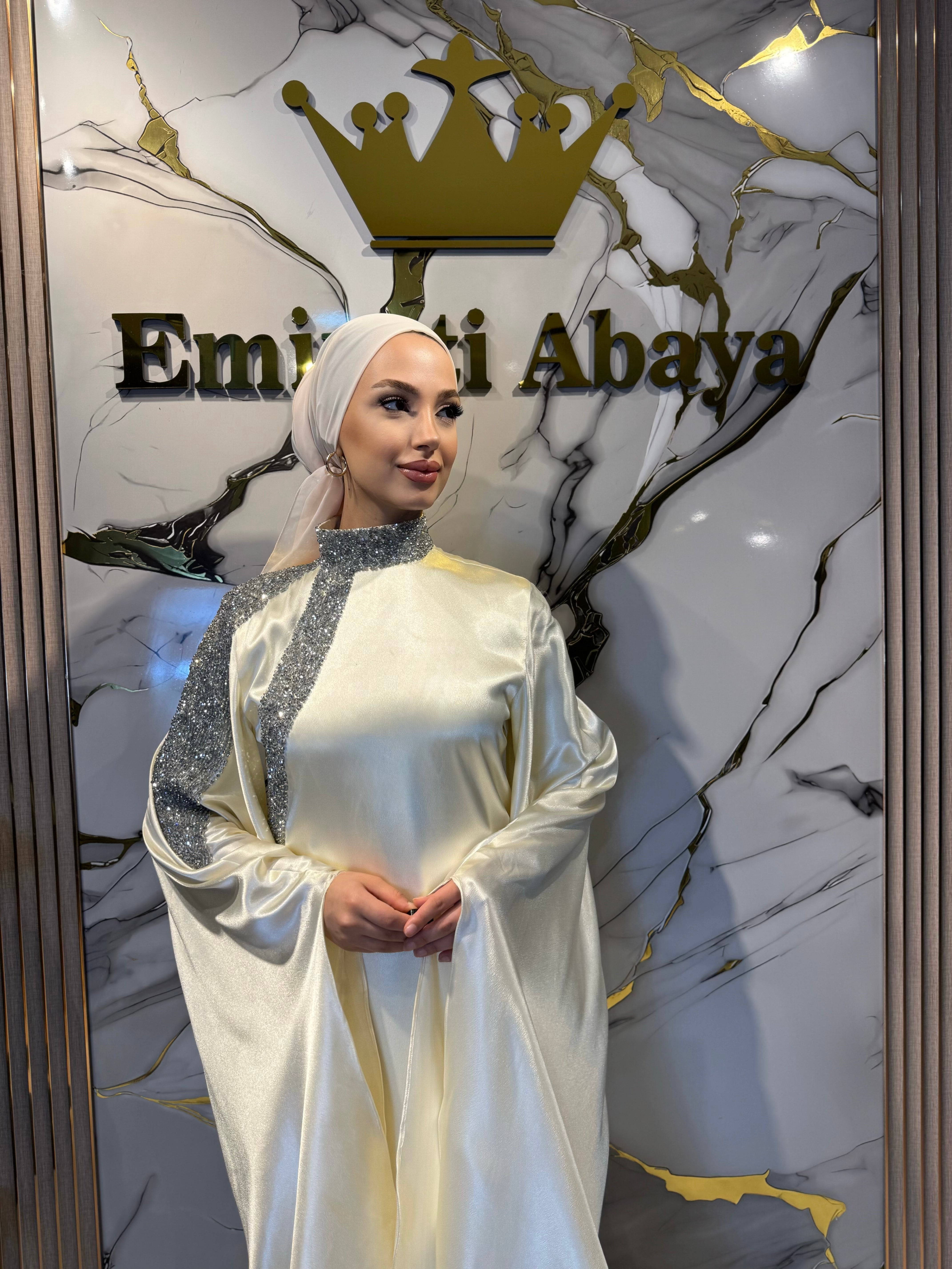 Krem El İşlemeli Çiçek Taş Detaylı Saten Abiye