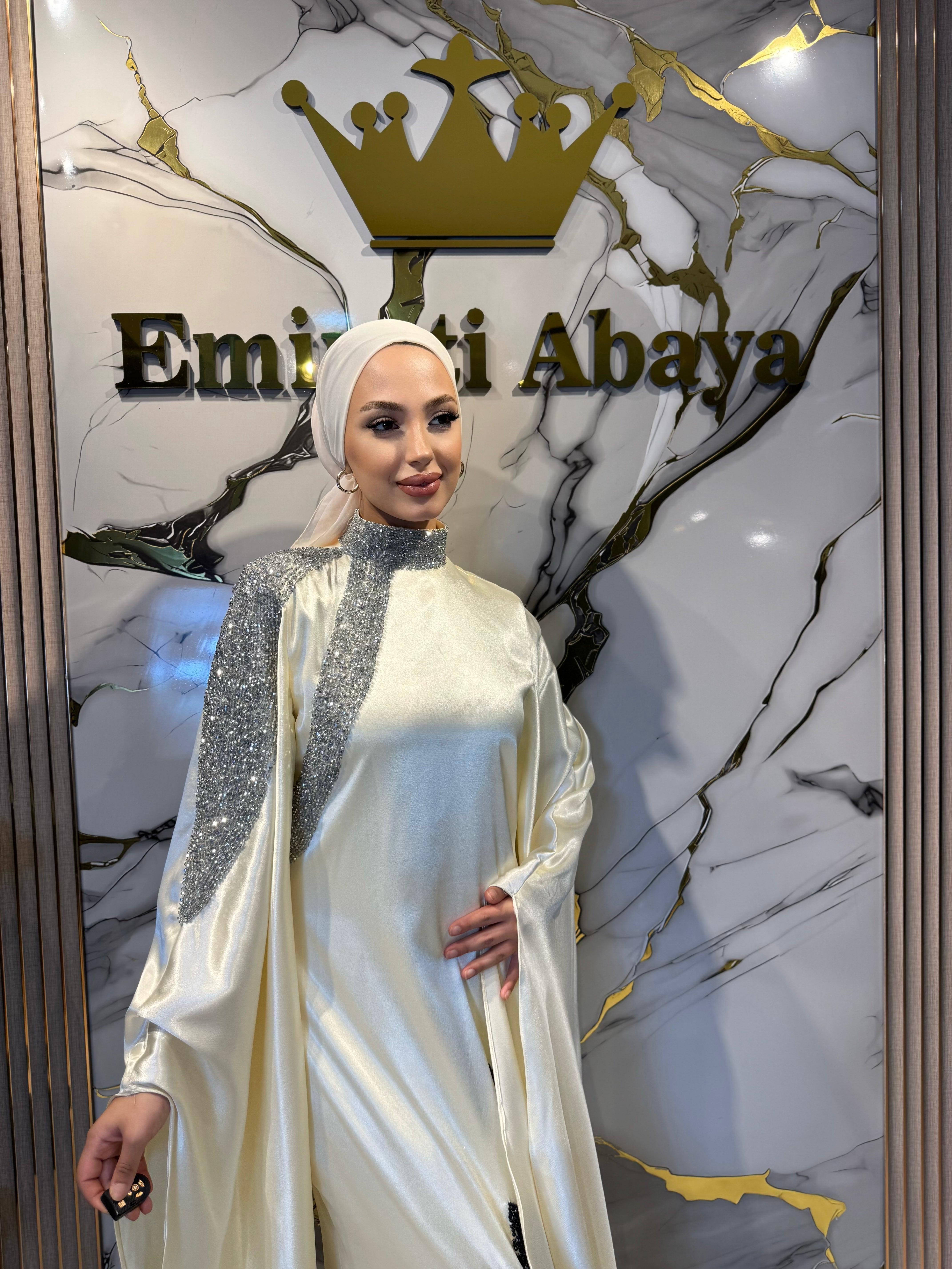 Krem El İşlemeli Çiçek Taş Detaylı Saten Abiye