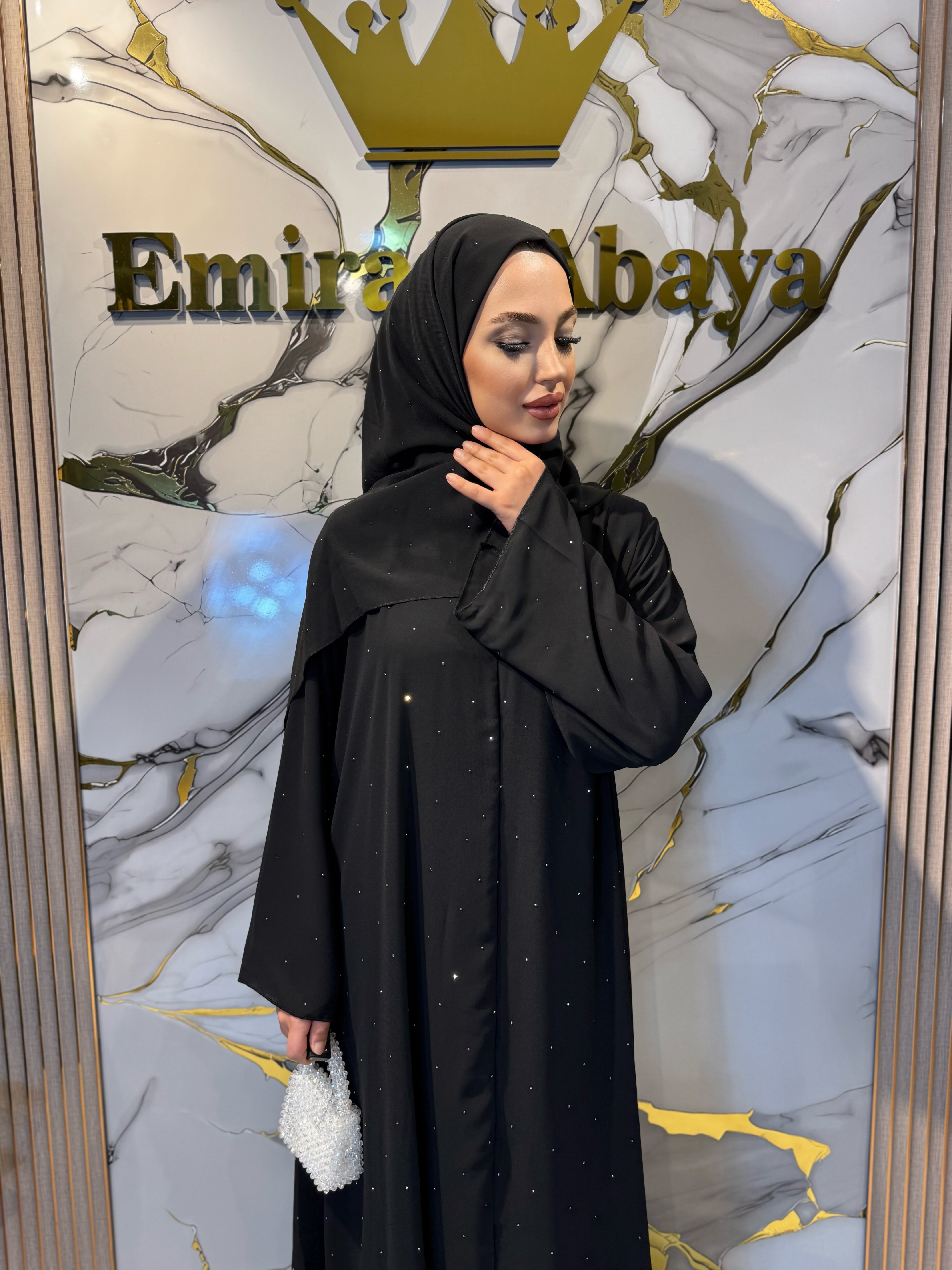 Hematit Taşlı Nokta Desenli Şifon Abaya