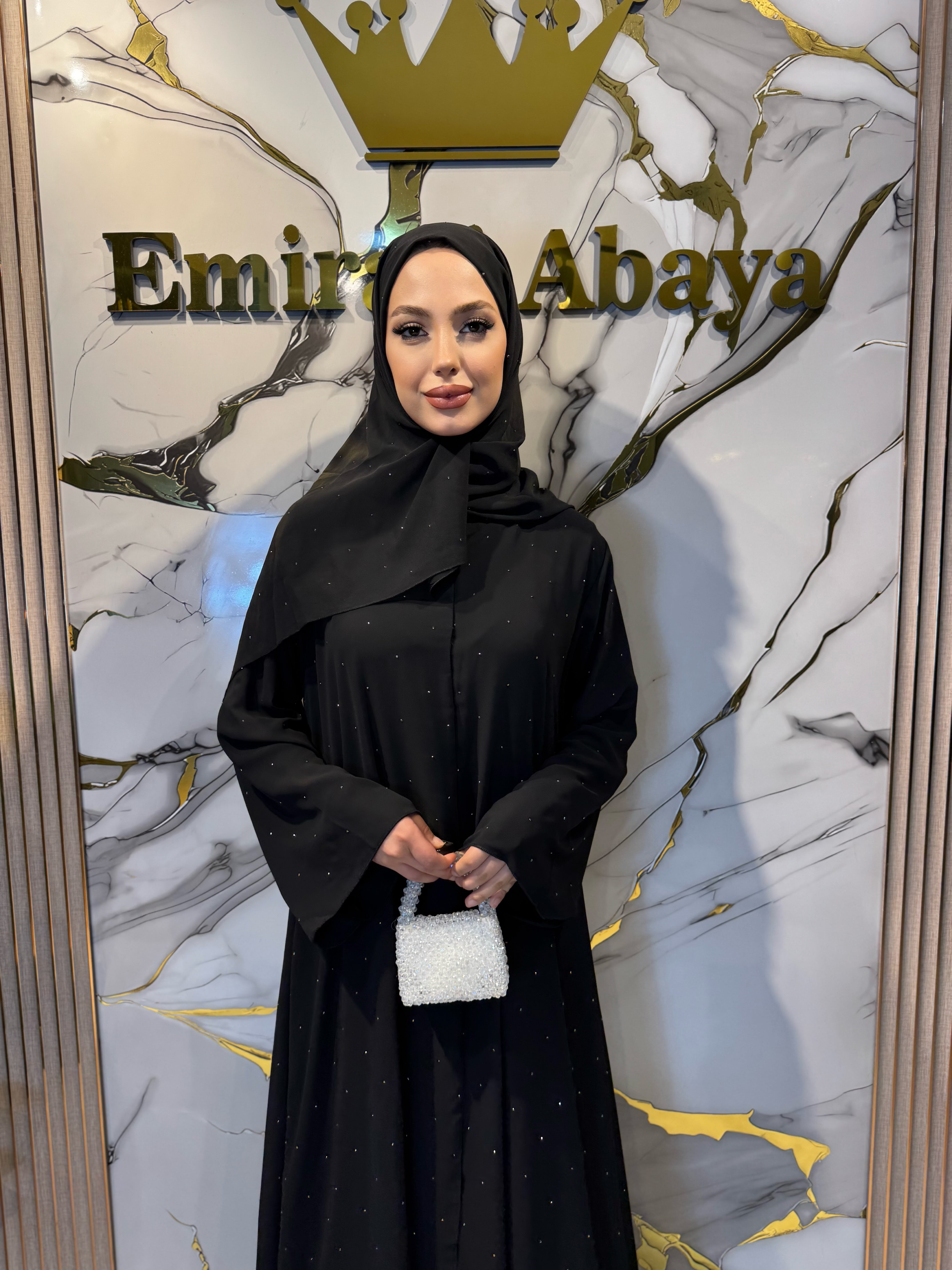 Hematit Taşlı Nokta Desenli Şifon Abaya