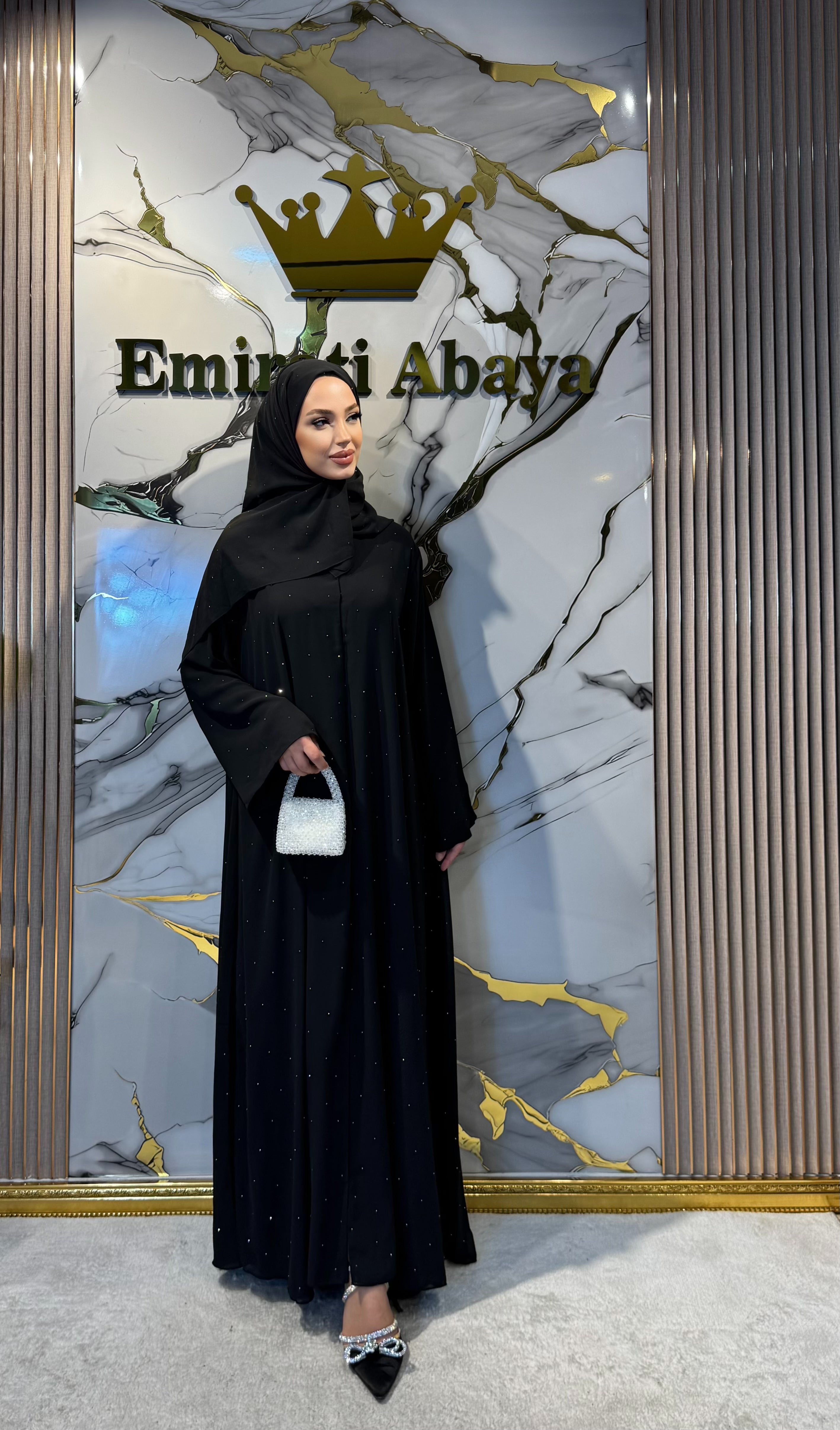 Hematit Taşlı Nokta Desenli Şifon Abaya