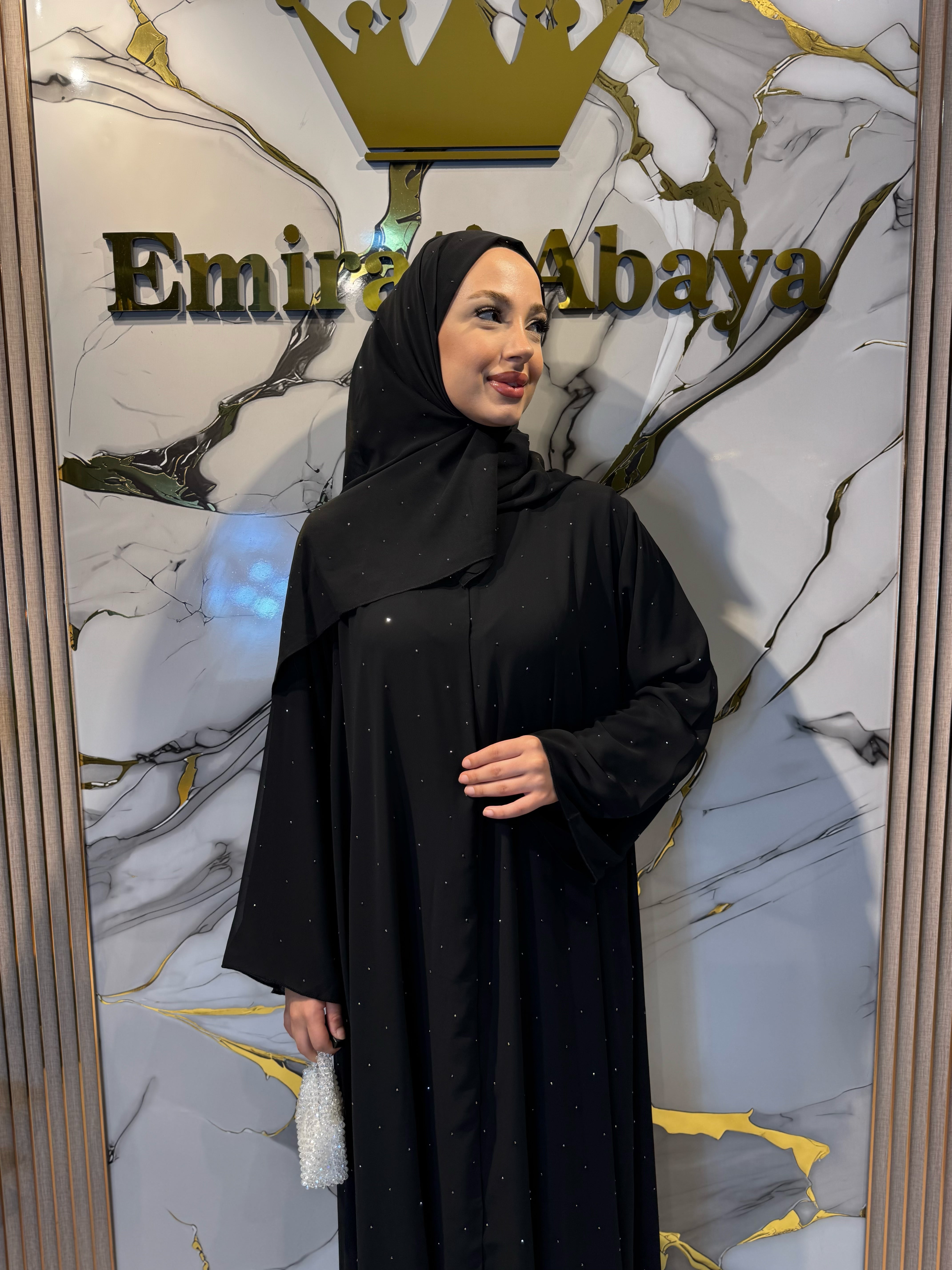 Hematit Taşlı Nokta Desenli Şifon Abaya