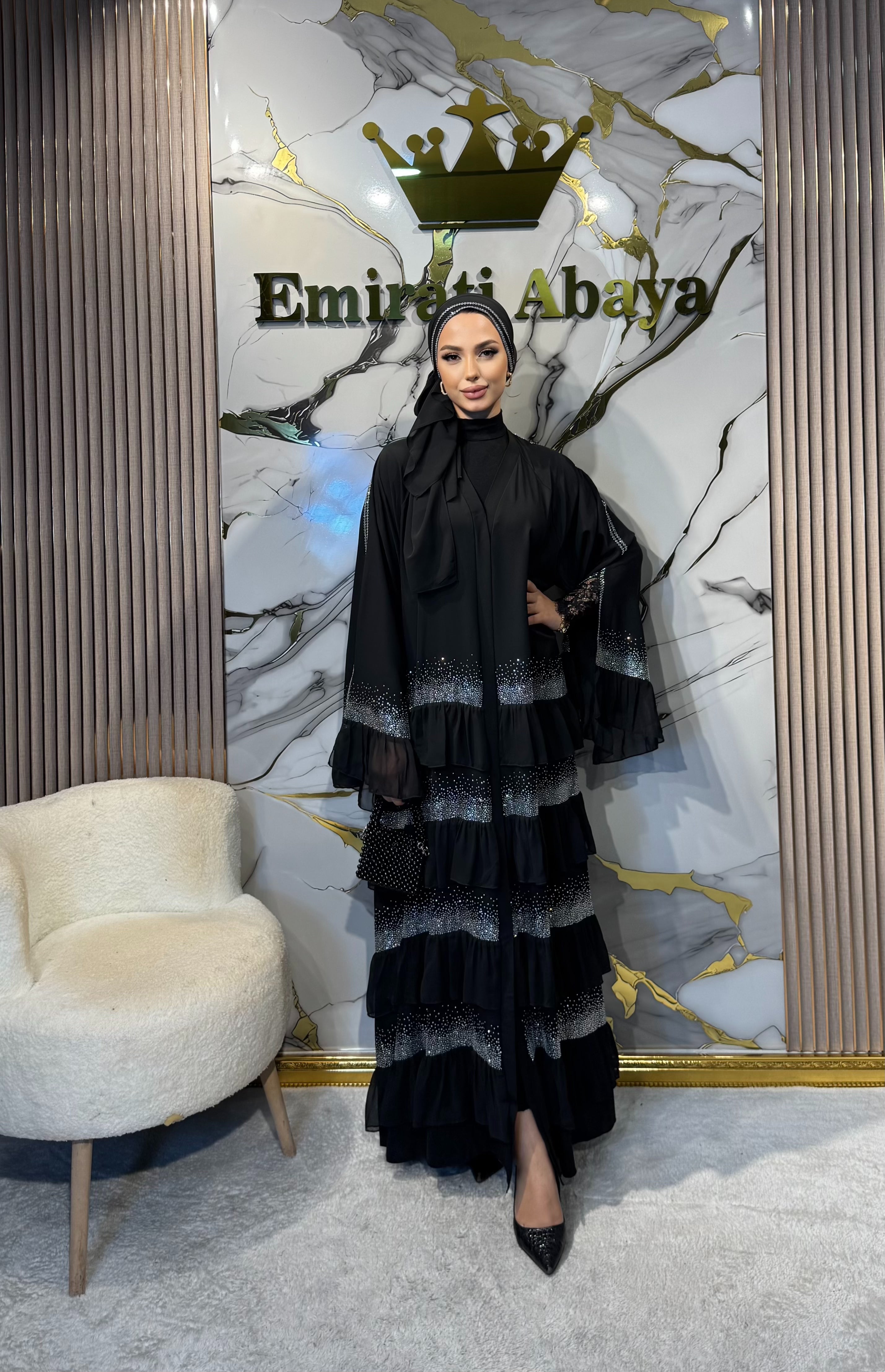 Beyaz Taşlı Kat Kat Dubai Abaya