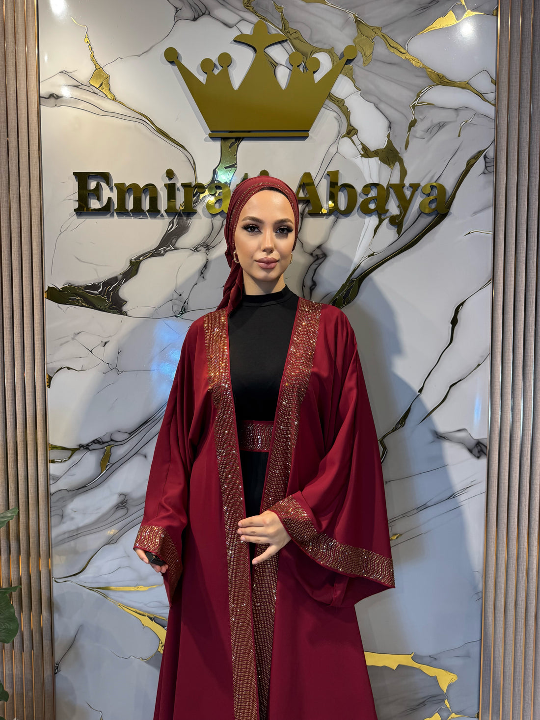 Gold Taş Detaylı Bordo Yöresel Dubai Abaya