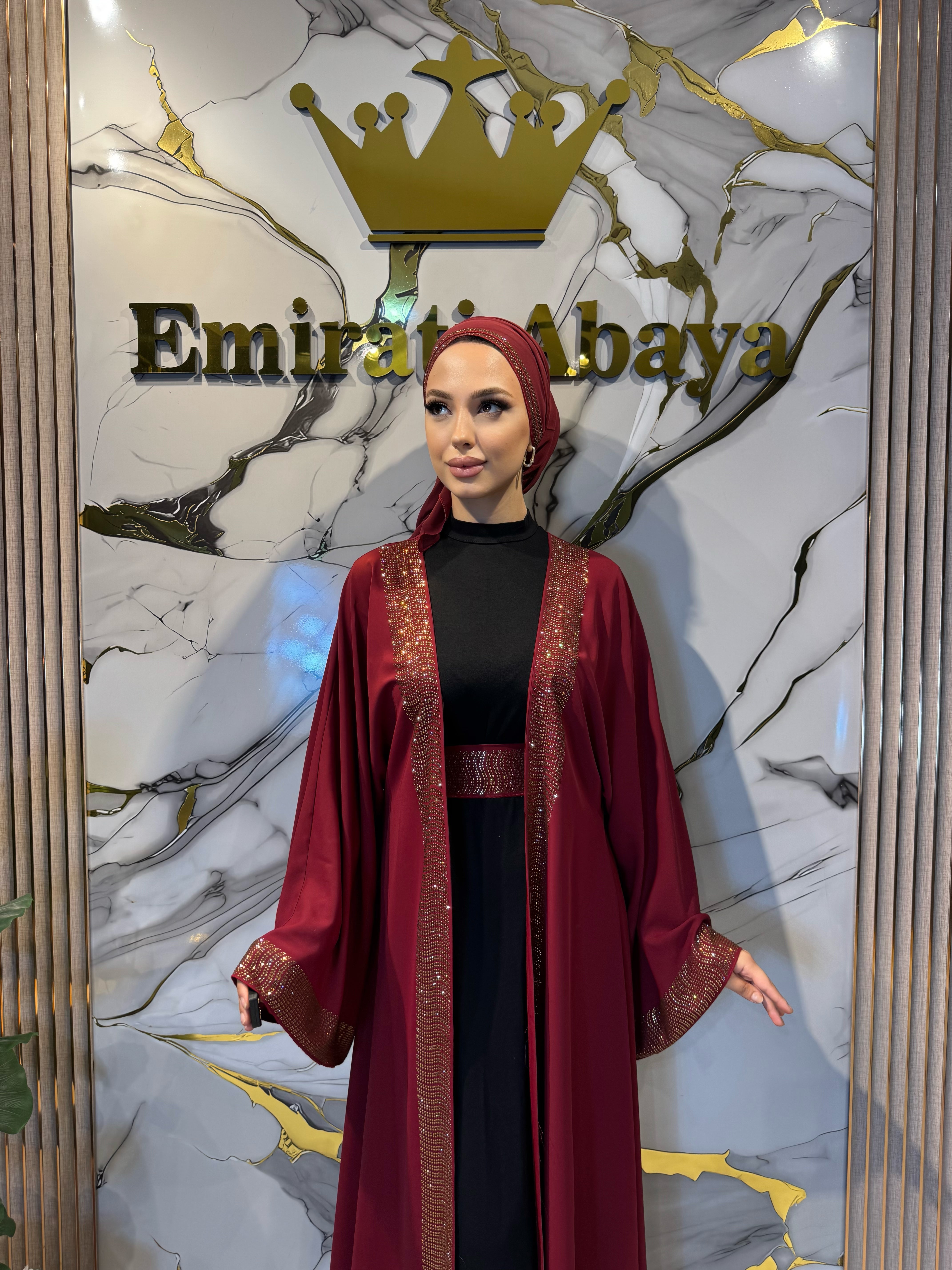 Gold Taş Detaylı Bordo Yöresel Dubai Abaya