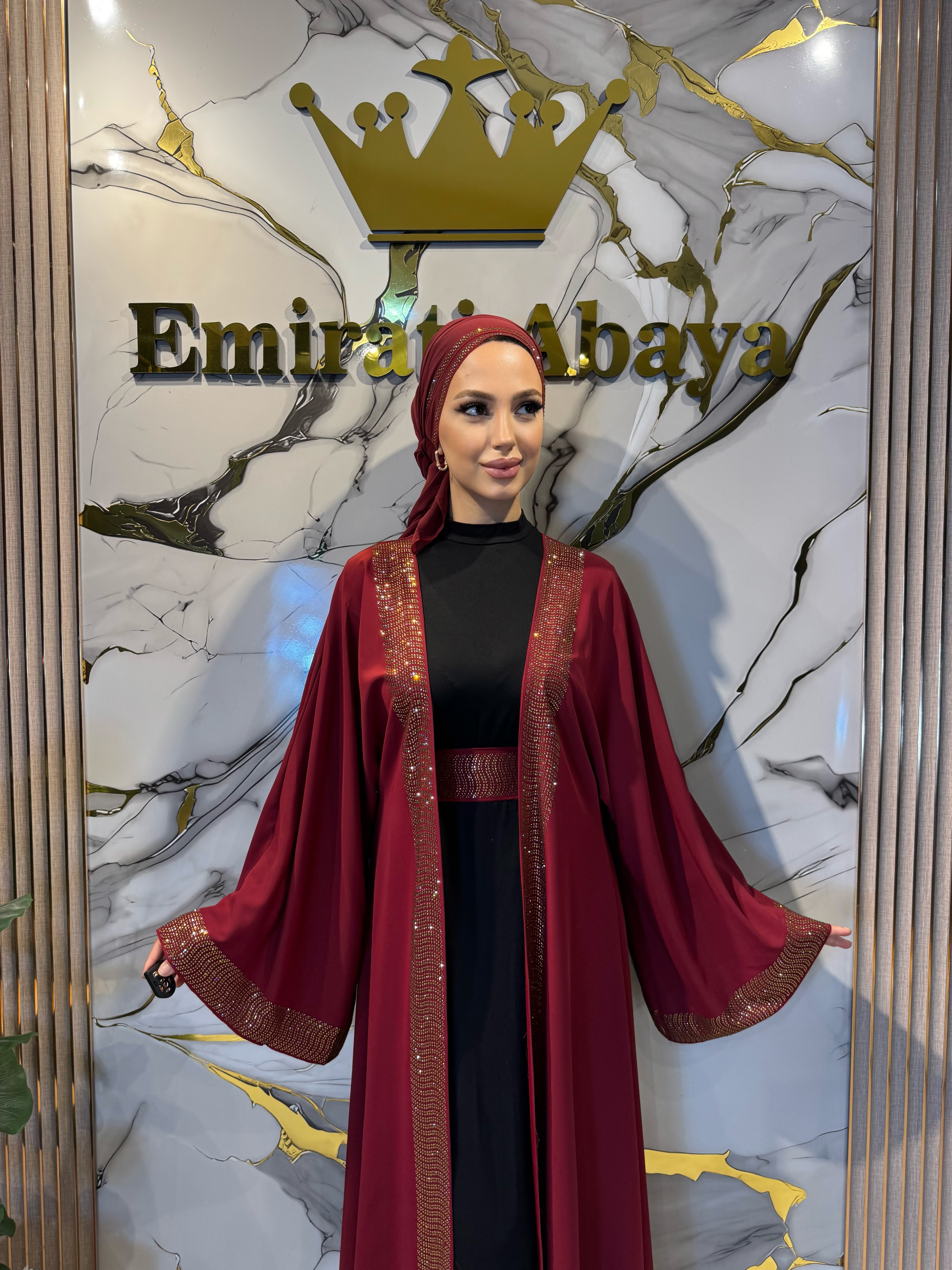 Gold Taş Detaylı Bordo Yöresel Dubai Abaya