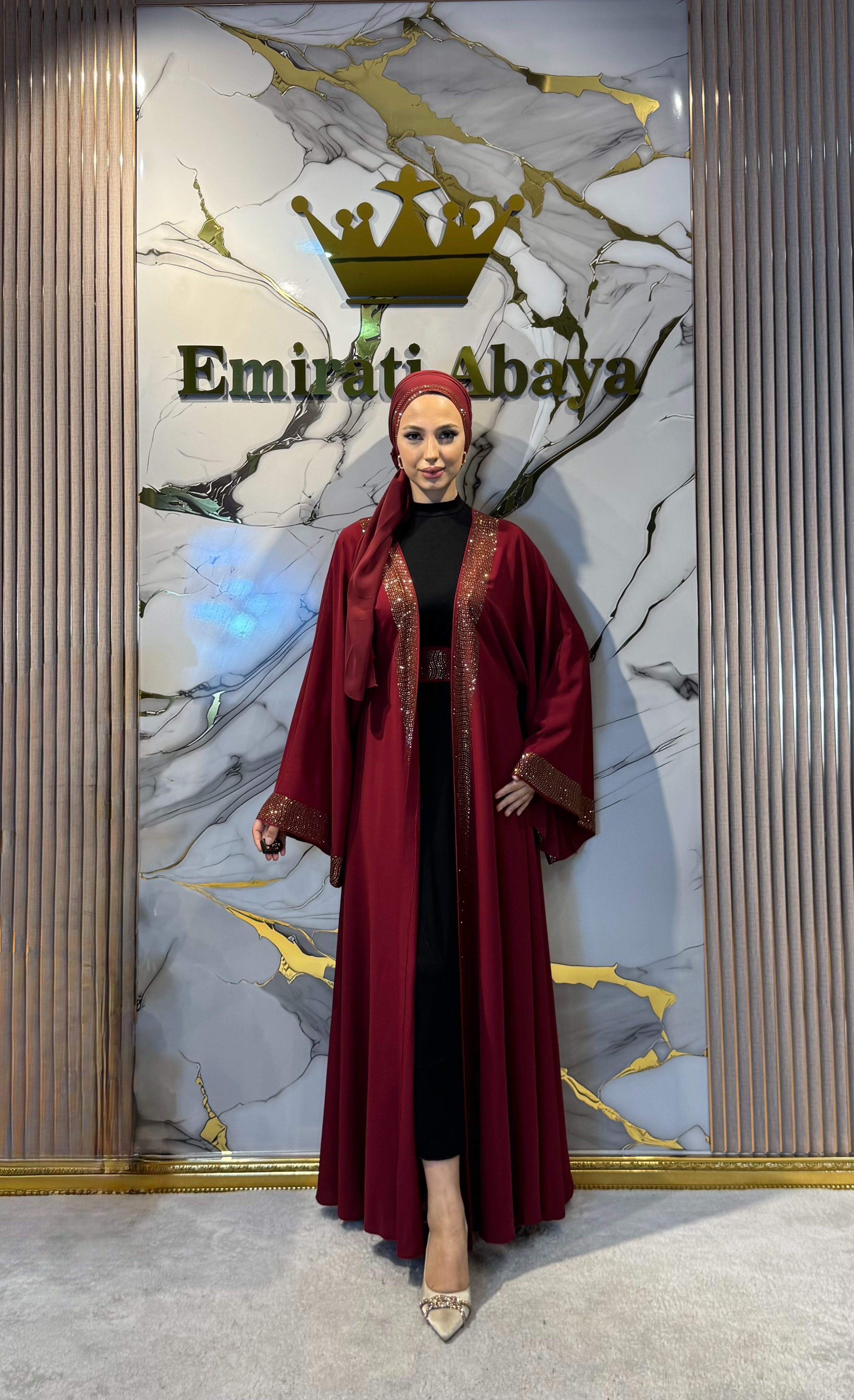 Gold Taş Detaylı Bordo Yöresel Dubai Abaya