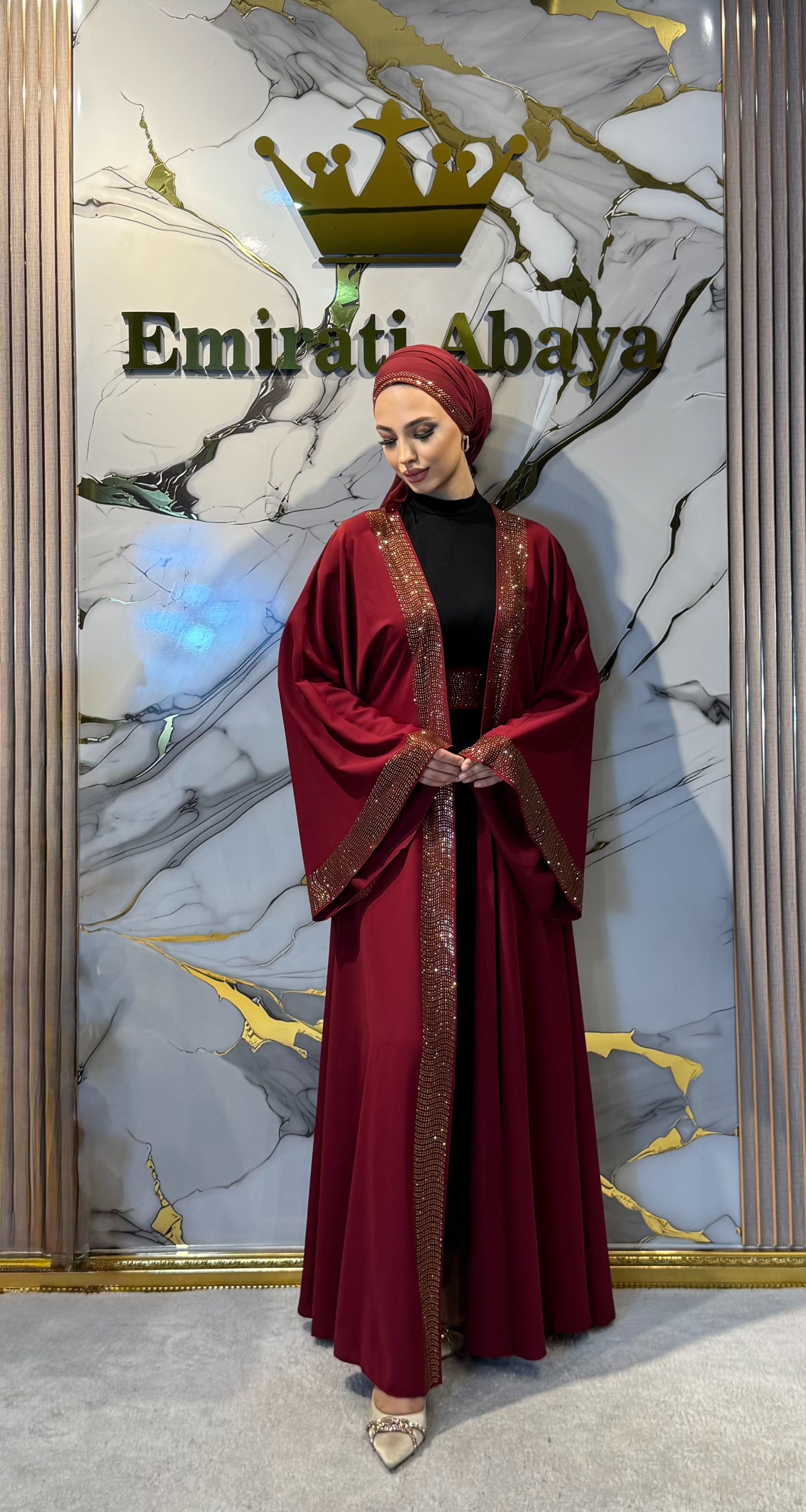 Gold Taş Detaylı Bordo Yöresel Dubai Abaya