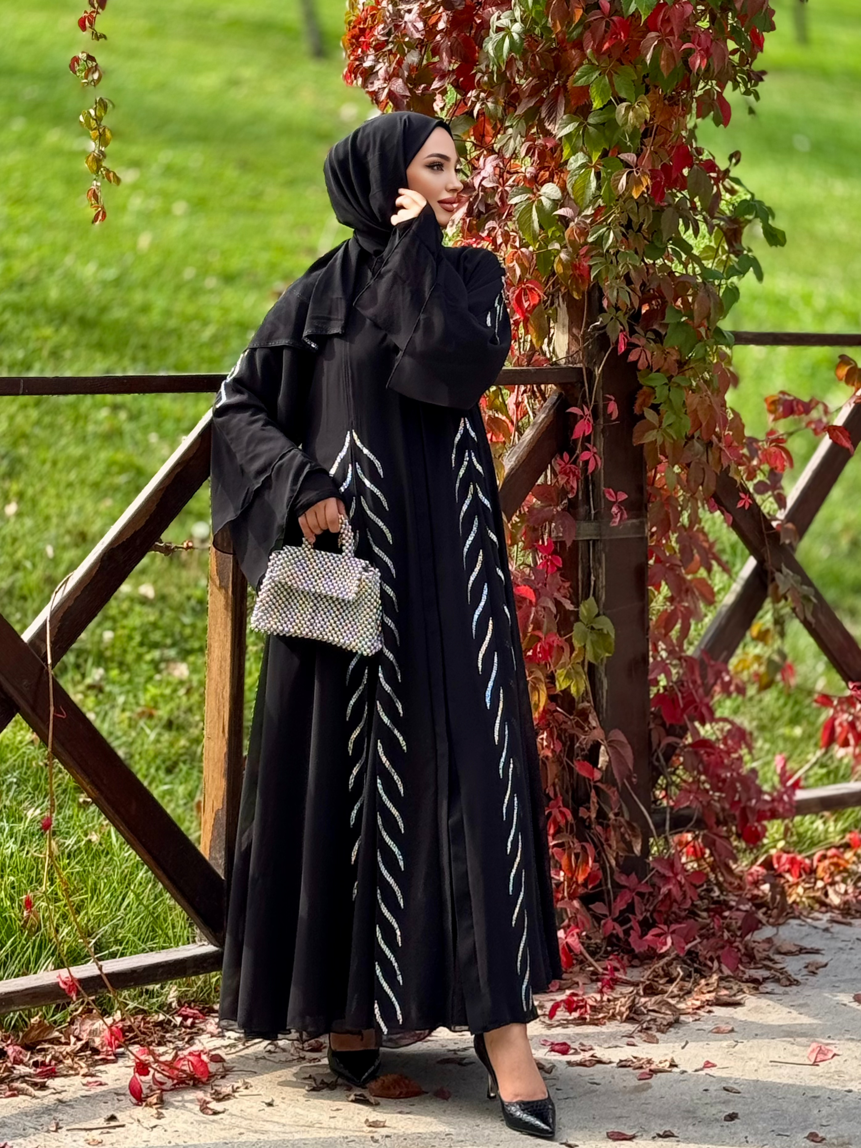 Black Abaya with Sworski Stones and Front Slit