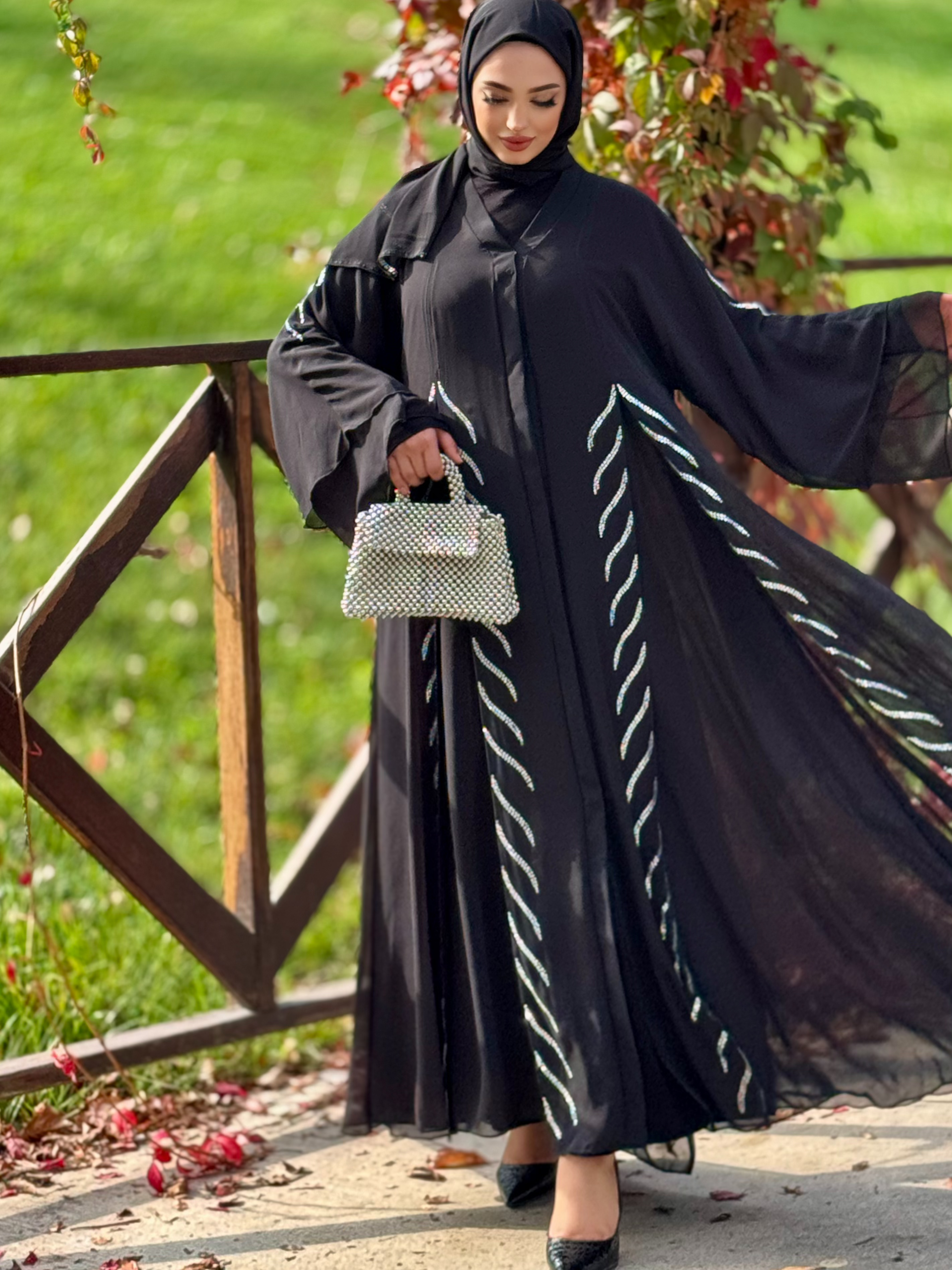 Black Abaya with Sworski Stones and Front Slit