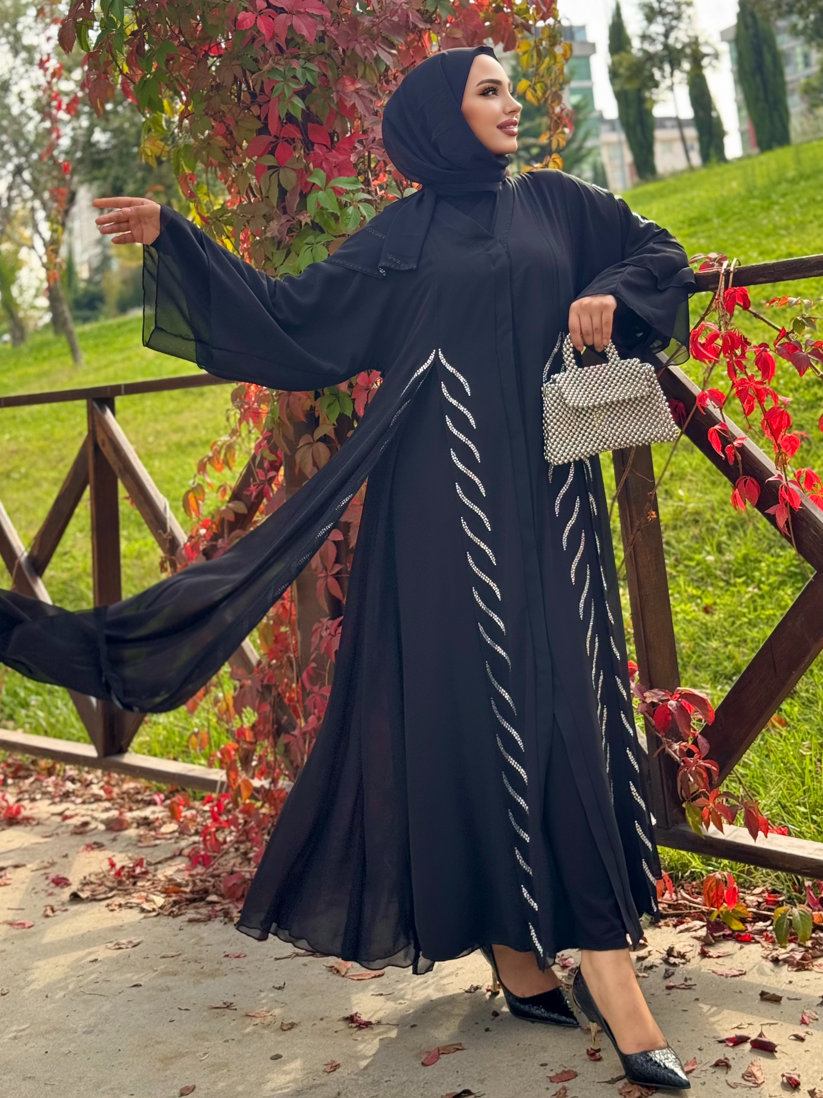 Black Abaya with Sworski Stones and Front Slit