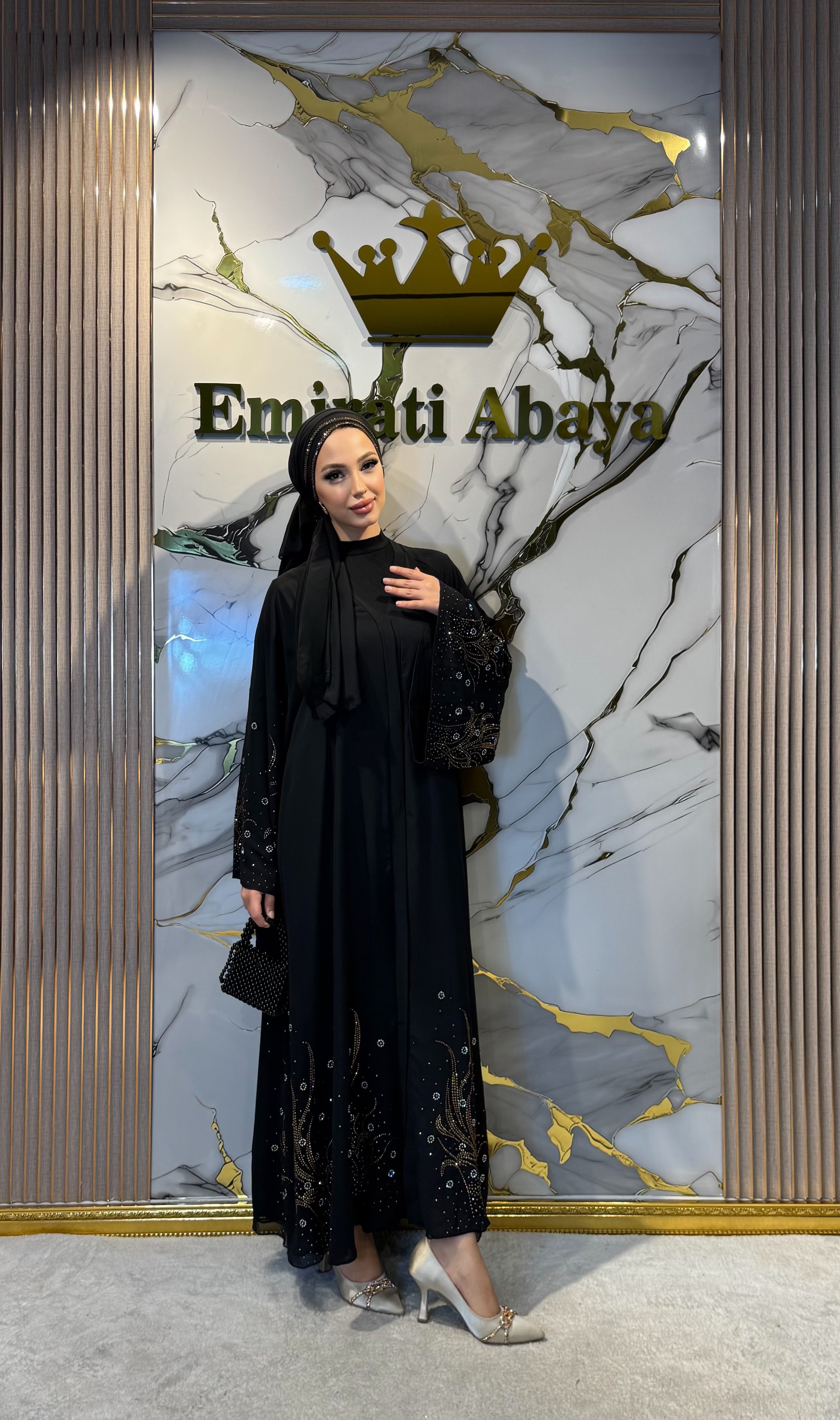 Gold Taşlı Alev Desenli Şifon Abaya