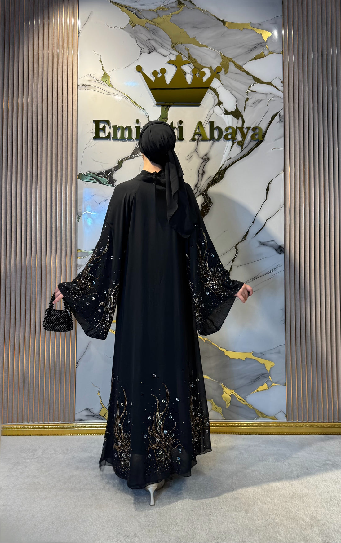 Gold Taşlı Alev Desenli Şifon Abaya