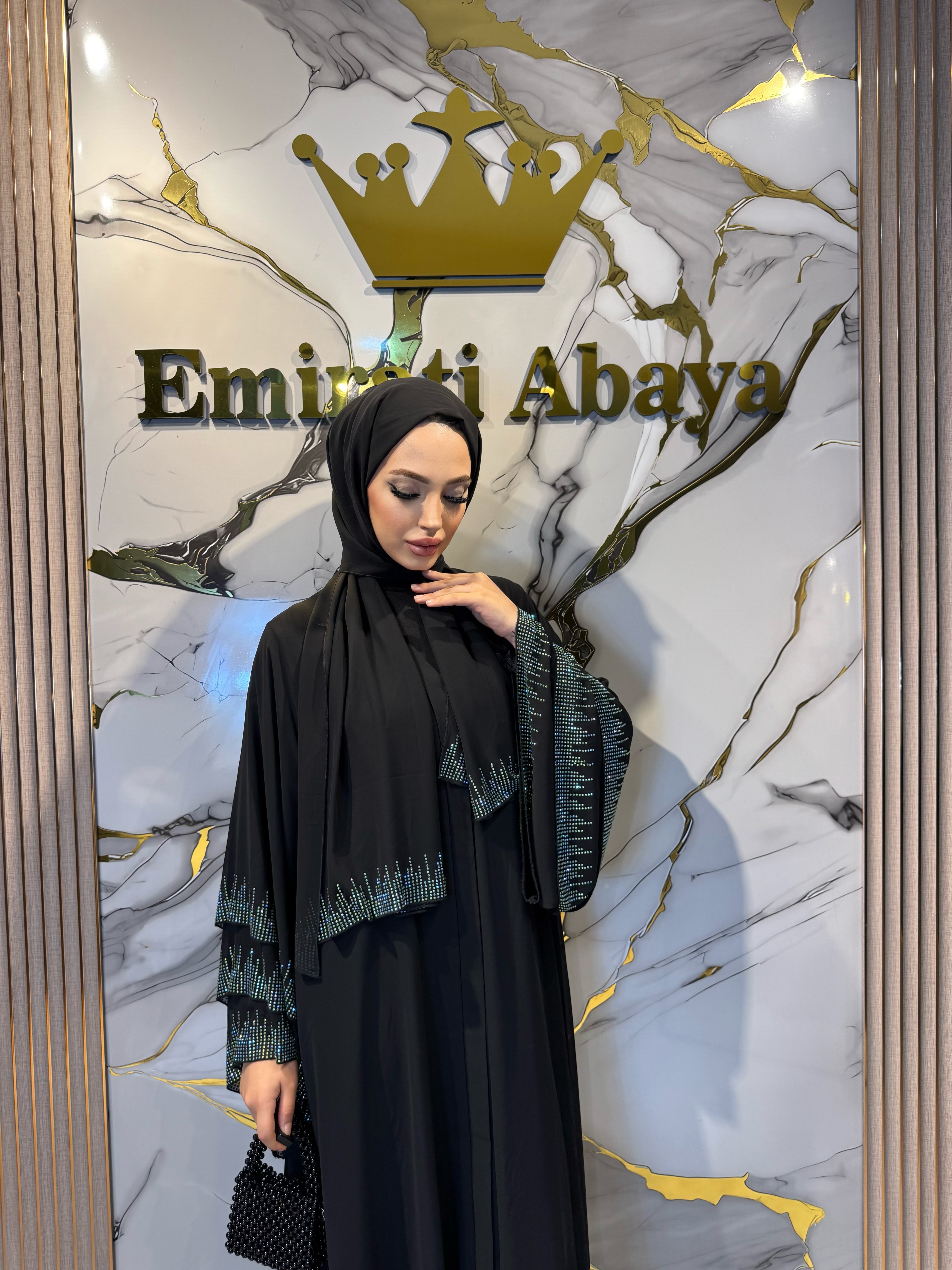 3 Katlı Şifon Yeşil Taşlı Abaya