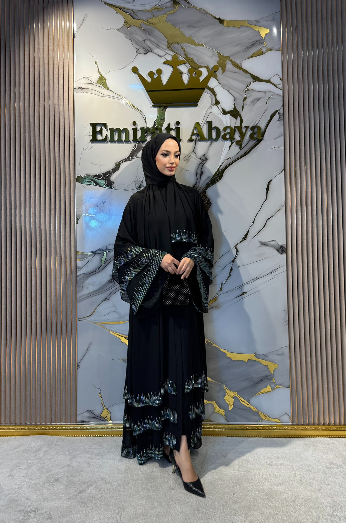 3 Katlı Şifon Yeşil Taşlı Abaya