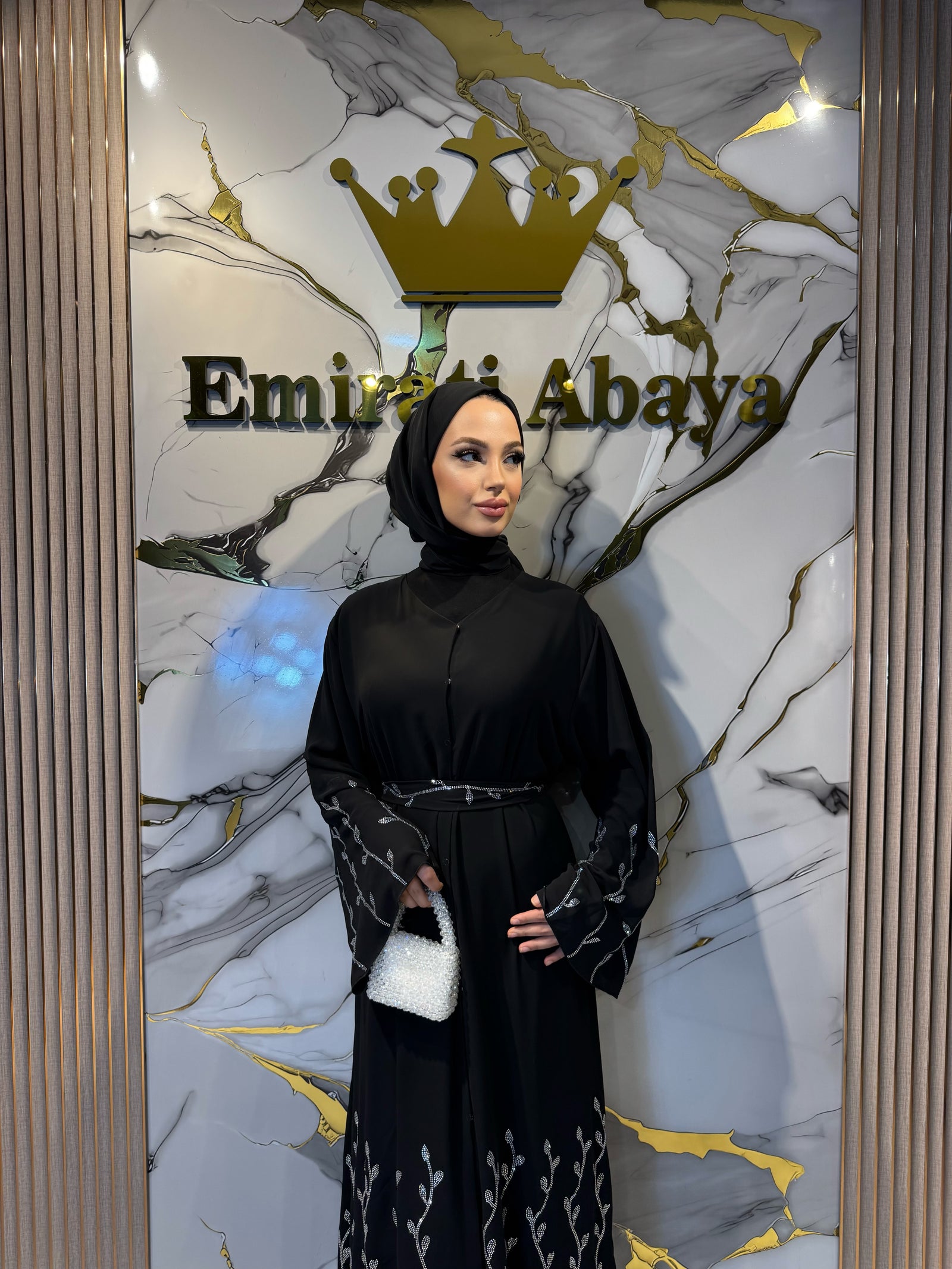 Floral Patterned Chiffon Abaya with Swarovski Crystals TM060 WSB - Elegant and Stylish Model