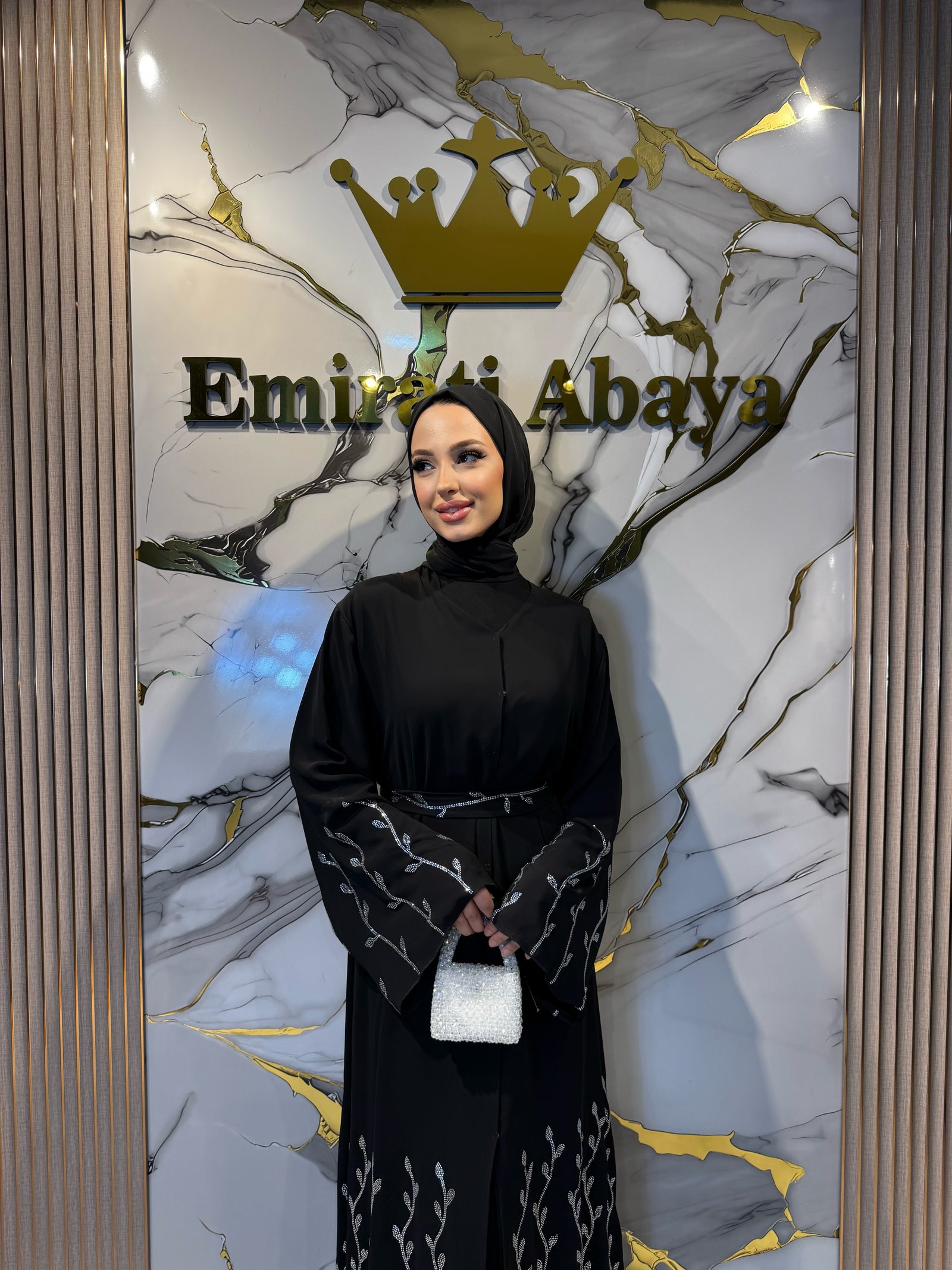 Floral Patterned Chiffon Abaya with Swarovski Crystals TM060 WSB - Elegant and Stylish Model