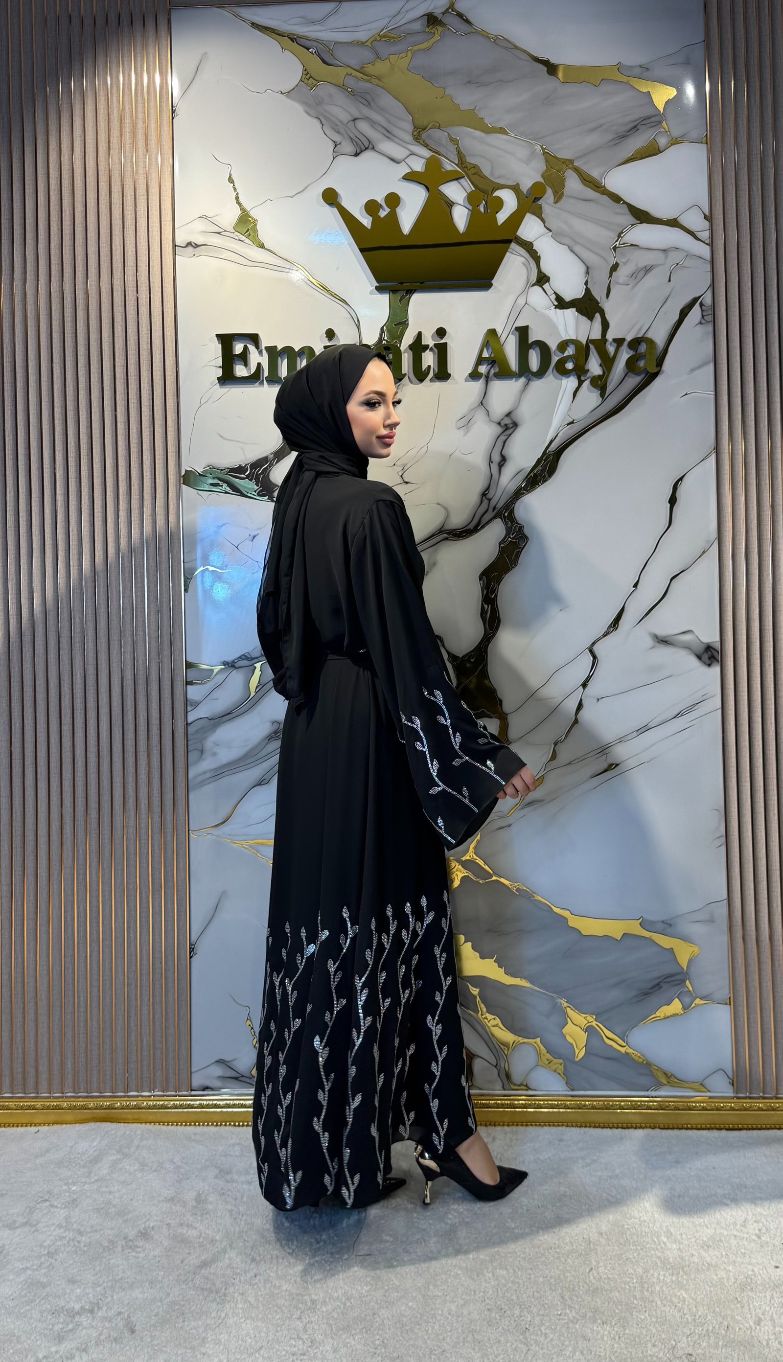 Floral Patterned Chiffon Abaya with Swarovski Crystals TM060 WSB - Elegant and Stylish Model