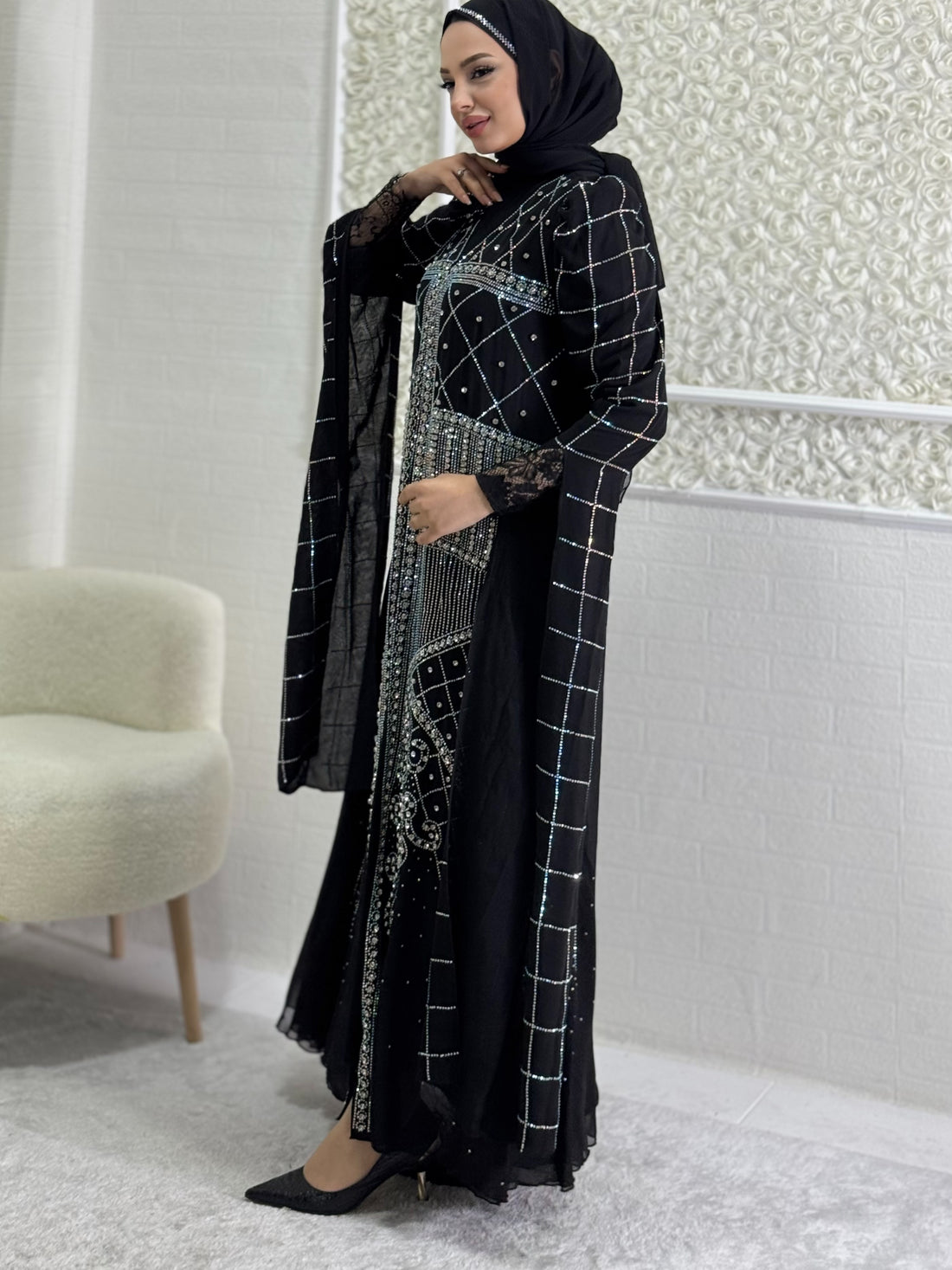 kristal Taş Desenli Şık Jupiter Abaya