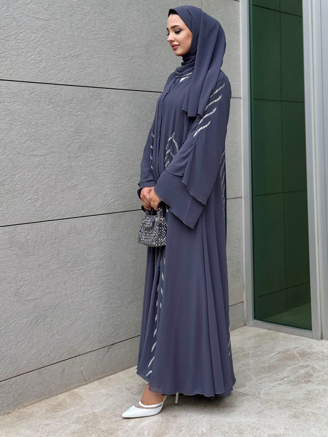 Front Slit Swarovski Stone Gray Abaya