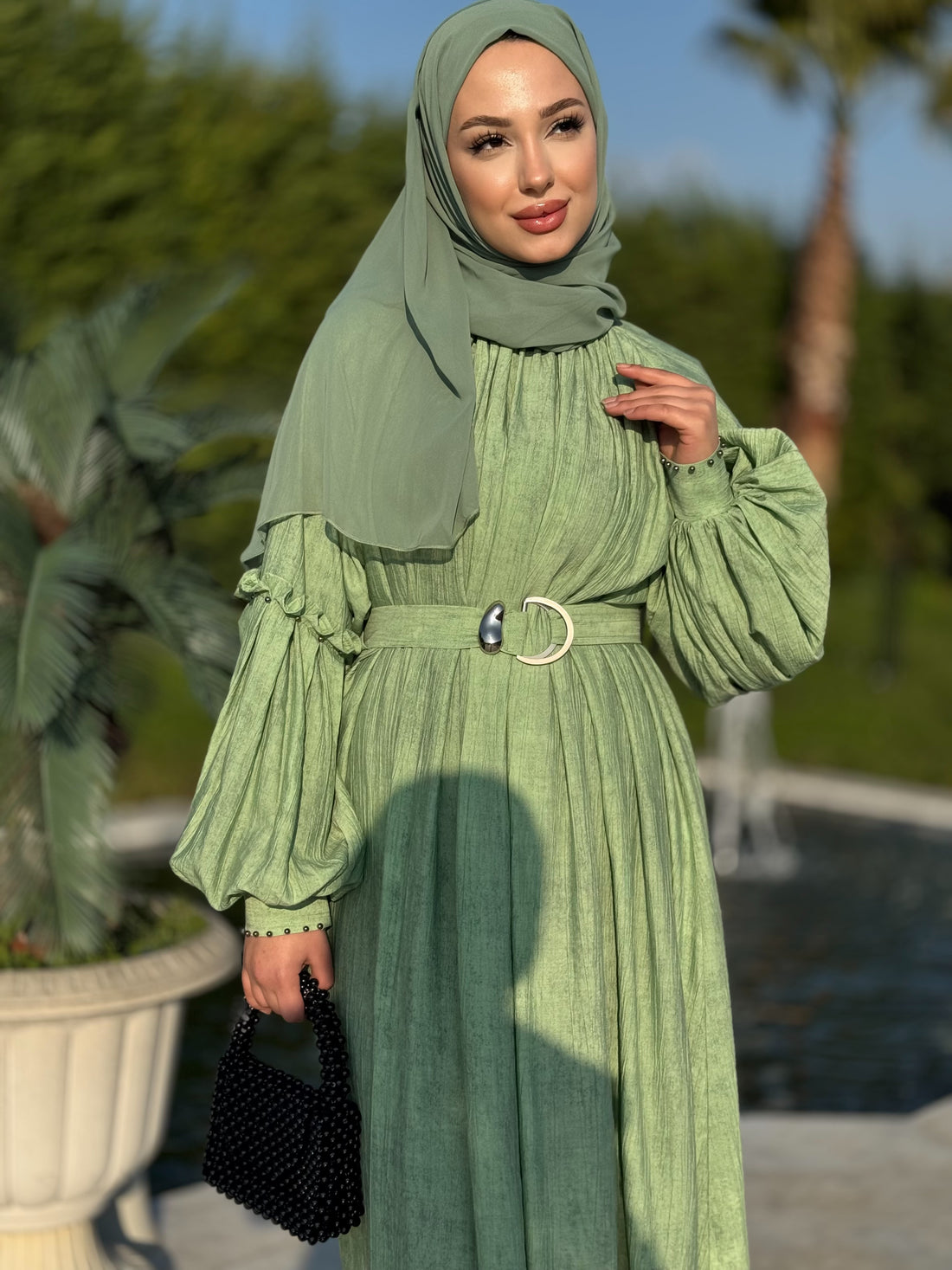 Pileli Jupiter Kumaş Günlük Şık Mint Yeşili Tesettür Abaya
