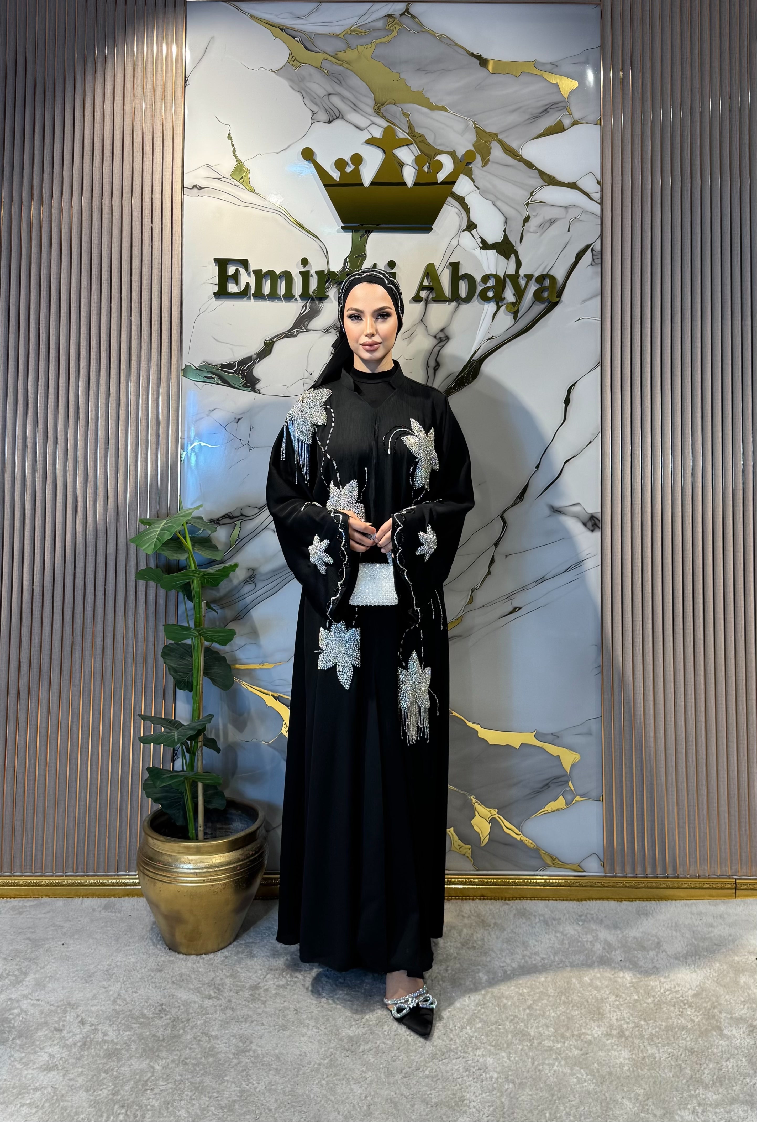 Black Chiffon Hand Embroidered White Flower Stone Abaya