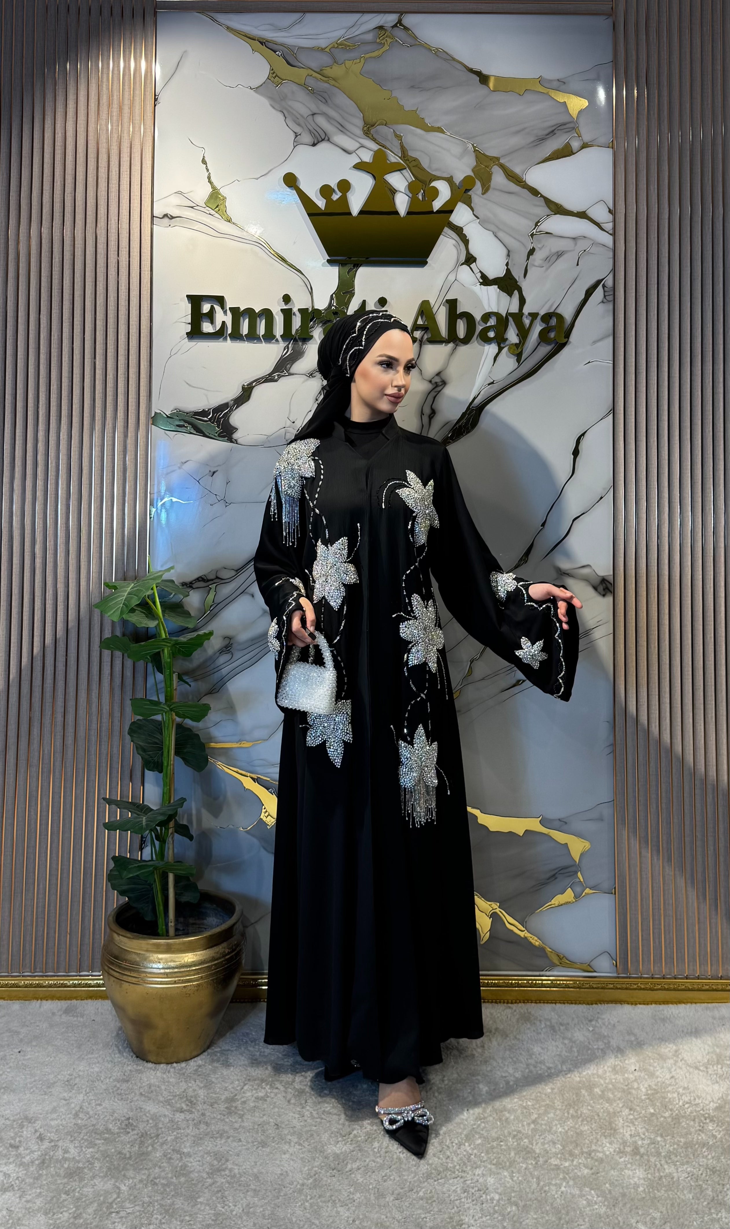 Black Chiffon Hand Embroidered White Flower Stone Abaya