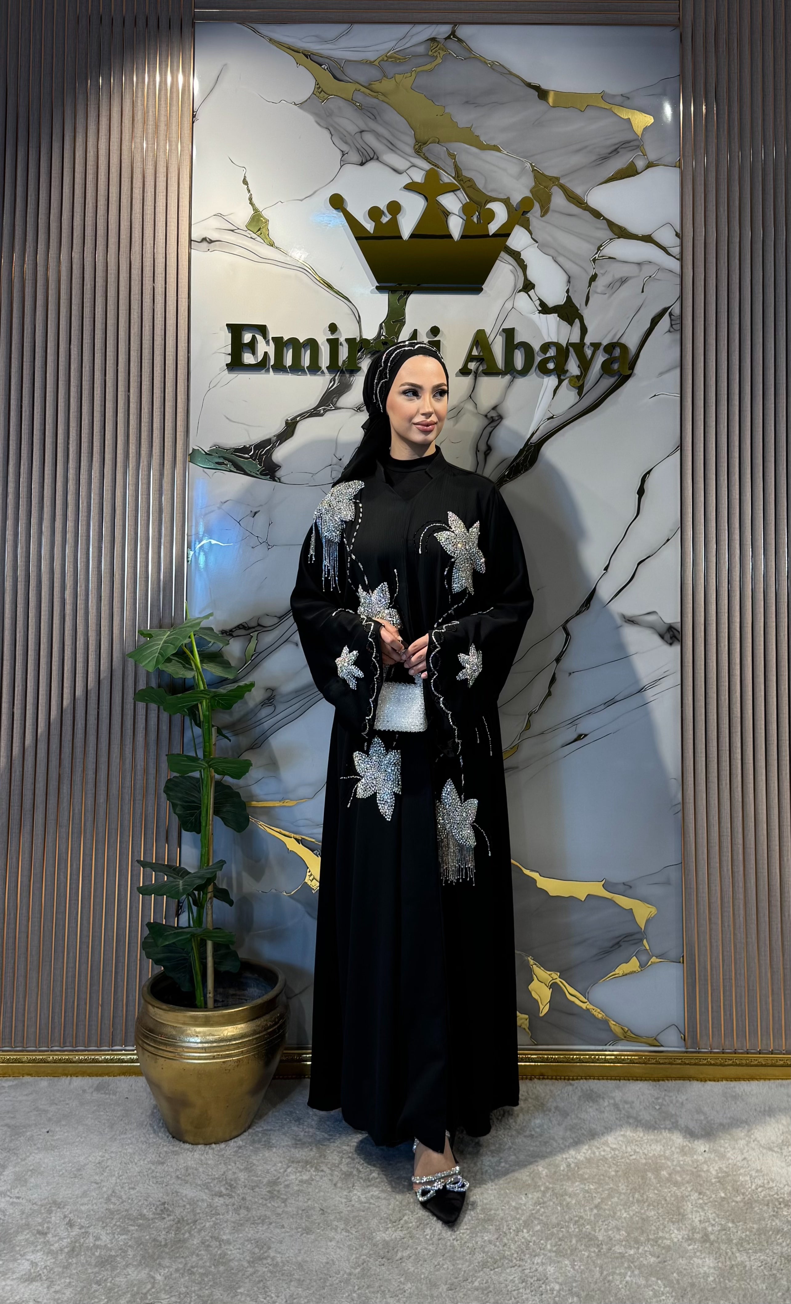 Black Chiffon Hand Embroidered White Flower Stone Abaya